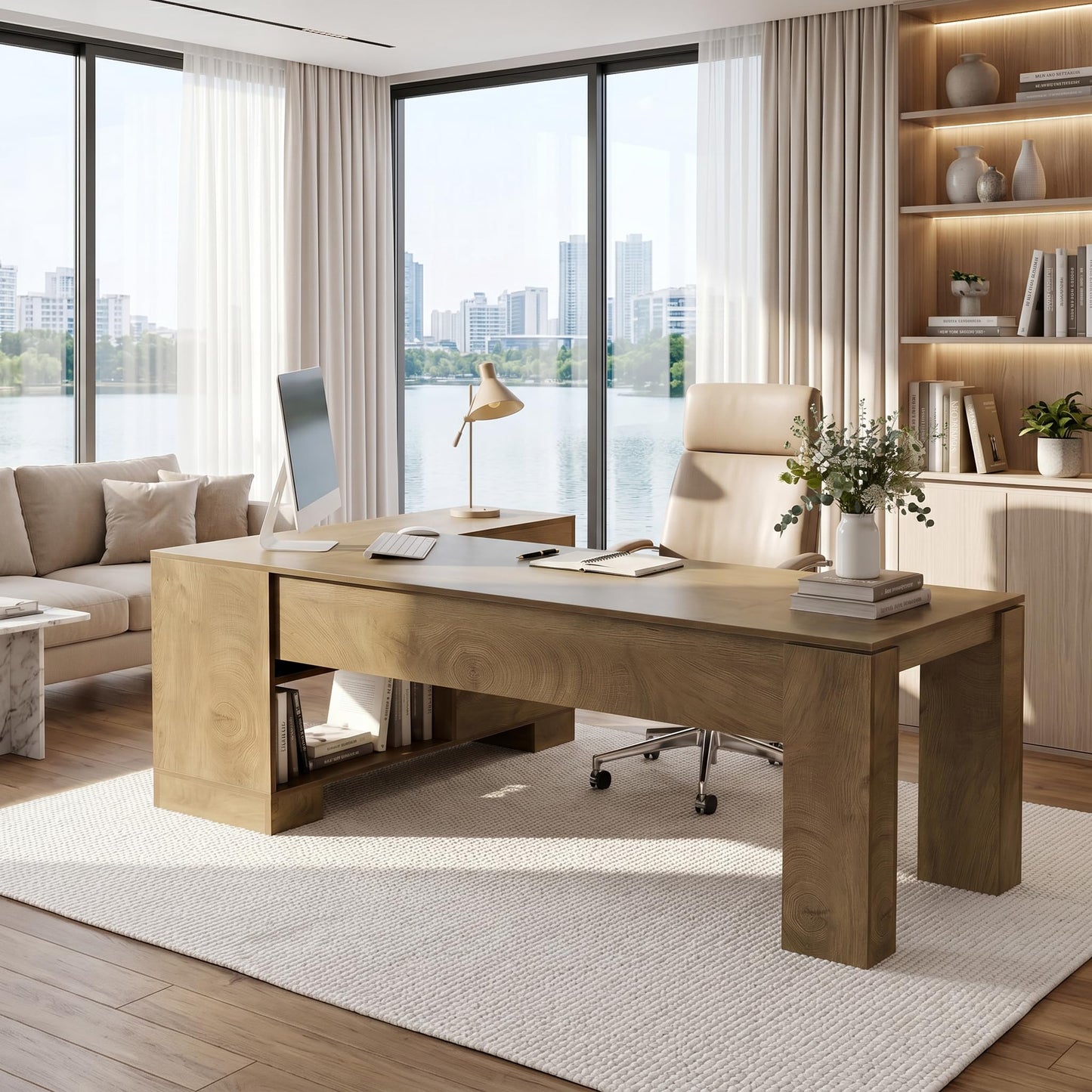 LITTLE TREE 78.7" L Shaped Office Desk with Drawers, Executive Computer Desk with Open Shelves Storage, Farmhouse Large Wooden L Desks Business Furniture, Brown