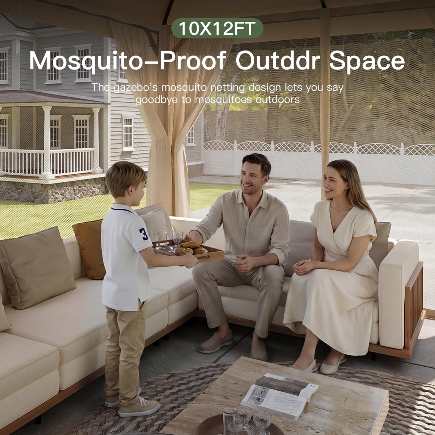 Aoxun 10x12 Outdoor Gazebo with 50FT LED Hanging Lights Metal Frame Canopy with Double Roofs Heavy Duty Party Tent Shelter with Mosquito Netting and Privacy Screen for Backyard, Lawn, Garden(Khaki)