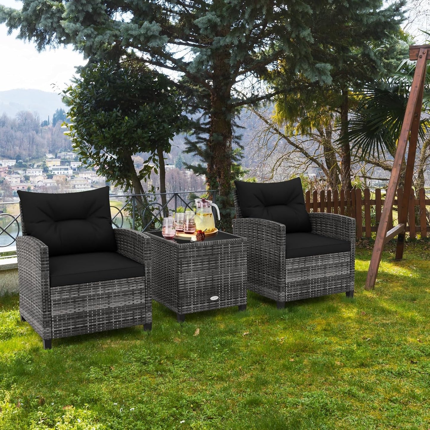 LDAILY Patio Furniture Set, 3 Pieces PE Rattan Wicker Patio Sofa Chairs with Washable Cushion & Glass Table, Outdoor Furniture Conversation Sets for Porch, Balcony, Garden, Poolside (Black)