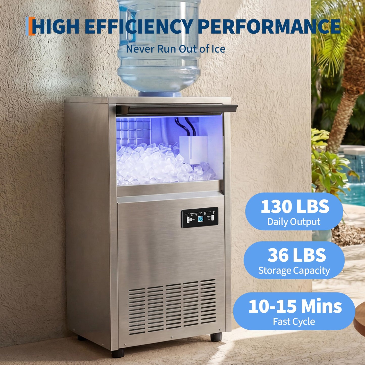 Commercial Ice Maker Machine 120lbs/24h, 36lbs Storage Capacity,Dual Water Inlet Mode,Built-in/Freestanding/Under Counter Ice Maker with Self-Cleaning, ETL Certified for Home Bar Restaurant