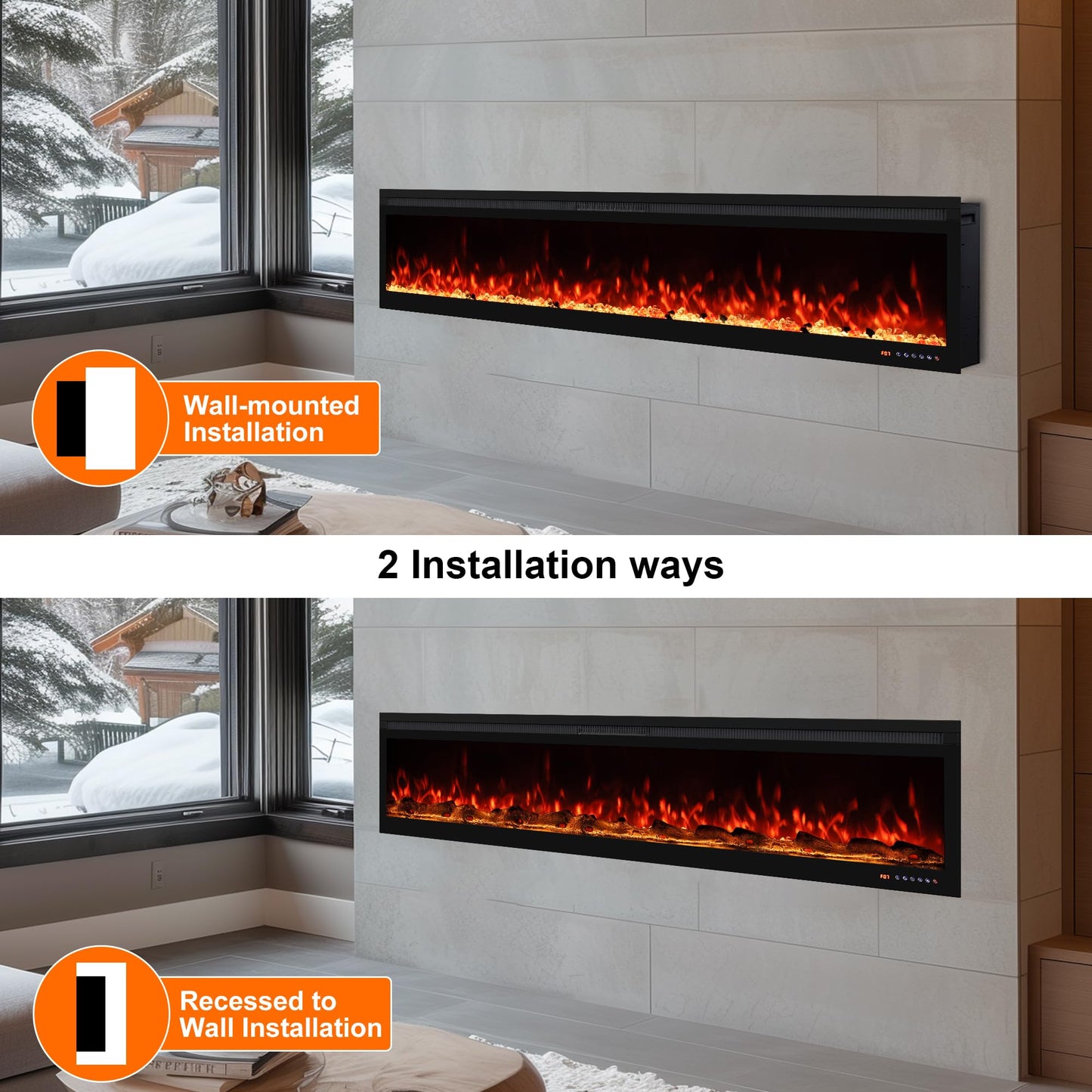 Oxhark Flame Narrow Frame WiFi Electric Fireplace 78 Inch, Wall Mount or in-Wall Recessed Fireplace Heater, App/Remote Control,Adjustable Flame Effects, 9H Timer & Low Noise, 750W/1500W, Black