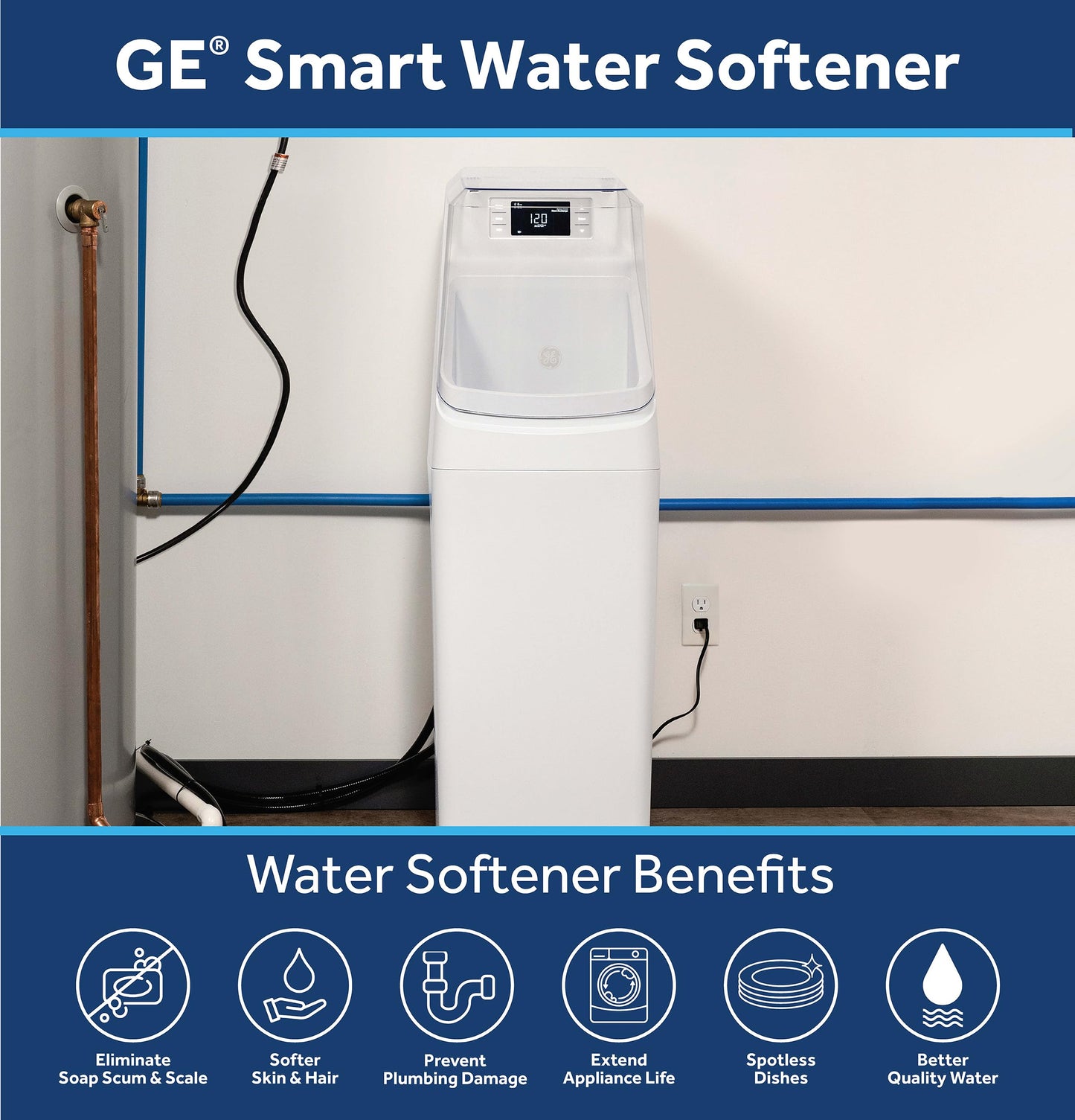 GE Smart Water Softener, 35,000 Grain, Reduce Hard Minerals to Whole House, Built-in WiFi with Water Flow Alerts, Soft Water for Shower, Appliances, and Plumbing, GXSH35W