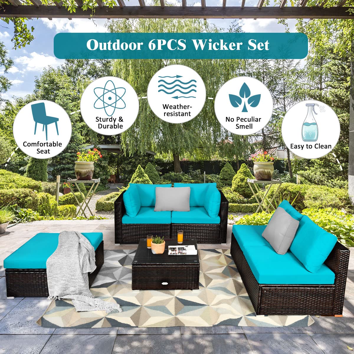 COSTWAY 6-Piece Outdoor Patio Furniture Set, Rattan Sectional Sofa Set with Tempered Glass Coffee Table, Cushions and Ottoman for Garden, Deck, Backyard (Turquoise)