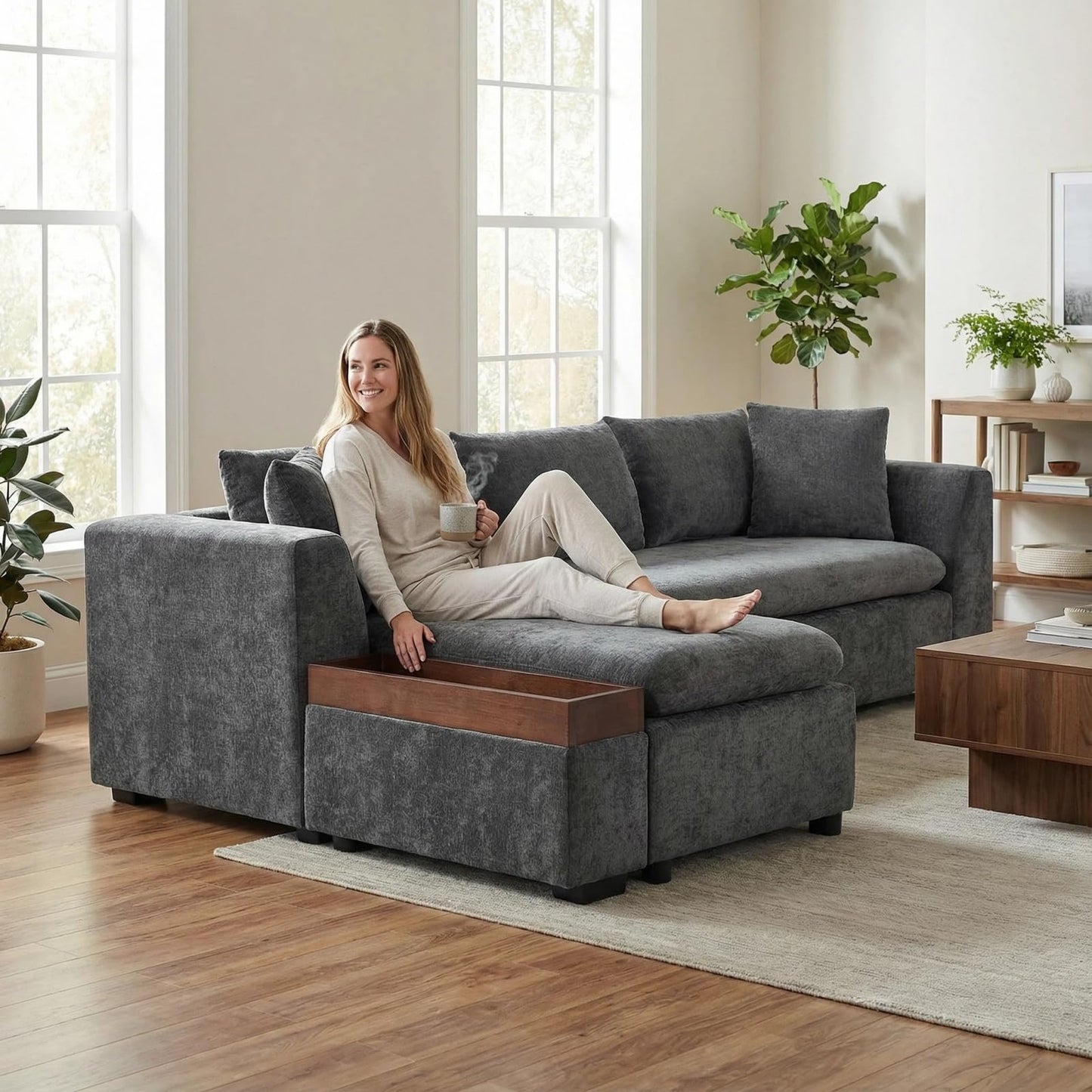 Trygoal 93.7" L-Shaped Sectional Sofa with Storage Chaise, Modern Couch for Living Room, Chenille Upholstered Couch with Deep Seats & Throw Pillows, Modern Corner Sofa for Living Room, Brown