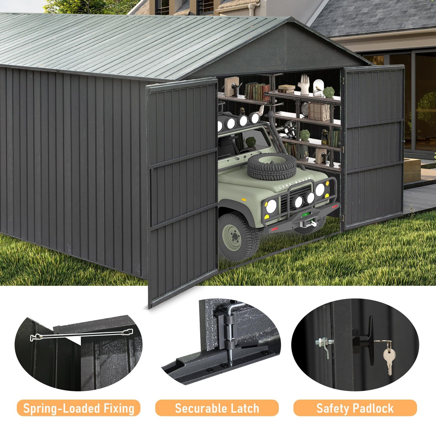 Gareinwuds 12x25FT Metal Storage Shed, a Metal Garage Shed or Heavy Duty Carport, Lockable Double Hinged Doors, Extra Large Car Shelter for Car Truck Motorcycle Lawn Equipment, Wind Resistant