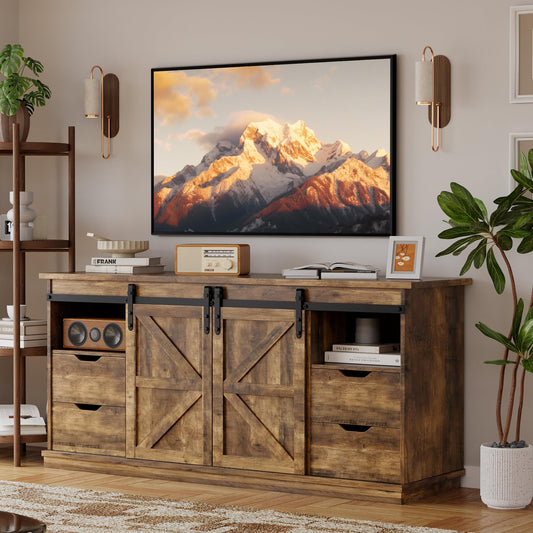 YESHOMY Farmhouse TV Stand for Televisions up to 65 Inch, Wood Entertainment Center with Sliding Barn Doors and 4 Storage Drawers, 58’’ Media Console Cabinet with Shelves for Living Room, Barnwood