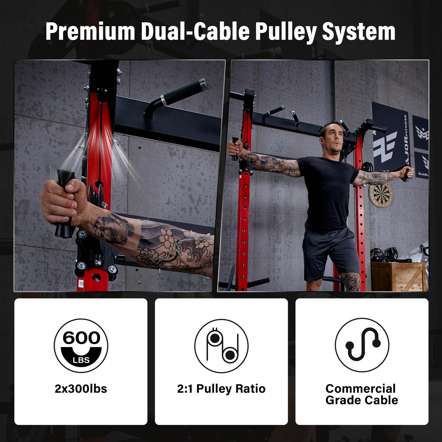 MAJOR FITNESS F22 Power Rack, 1600lbs All-in-One Squat Rack with Cable Crossover, Dual Pulley System, Heavy-Duty Steel Frame, Attachments & Storage for Home Gym Strength Training, Khaki