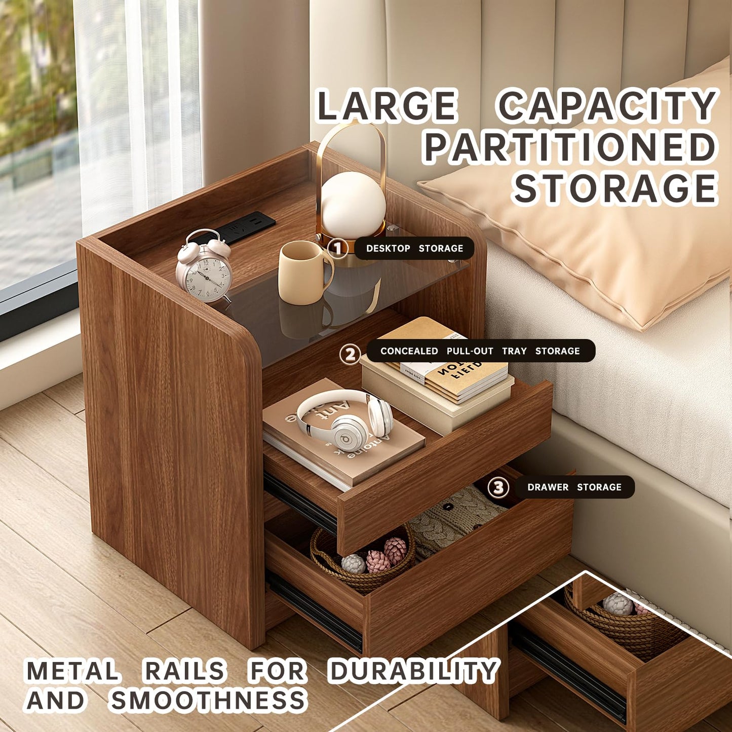 Messenya Modern Nightstand for Bedrooms, 20" Wide w/Charging Station & Curved Anti-Collision Design, Mid-Century Storage Cabinet w/Pre-Embedded Slots, Reinforced Panel Construction (1)