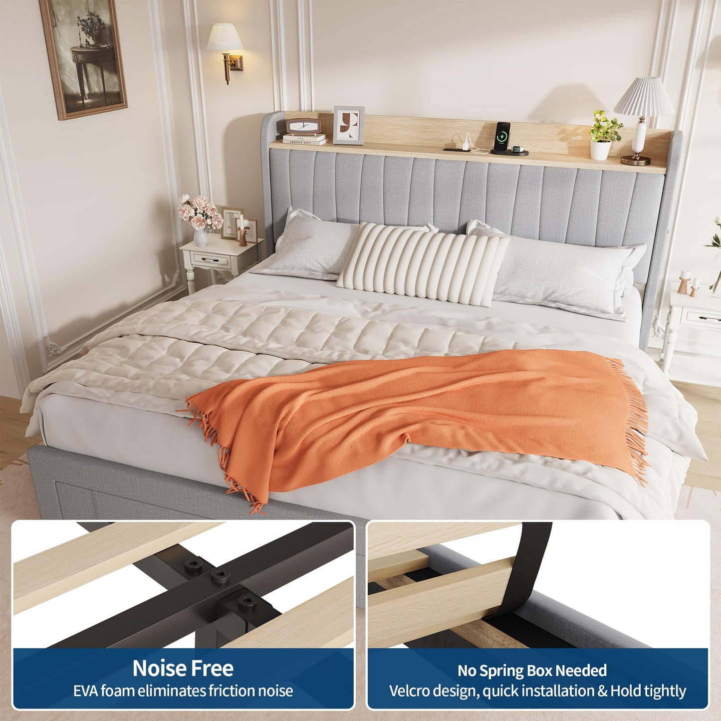 GarveeHome King Size Bed Frame with Storage Headboard, Upholstered Platform Beds with Drawers, Charging Station, Noise-Free, No Box Spring Needed, Easy Assembly, Light Grey