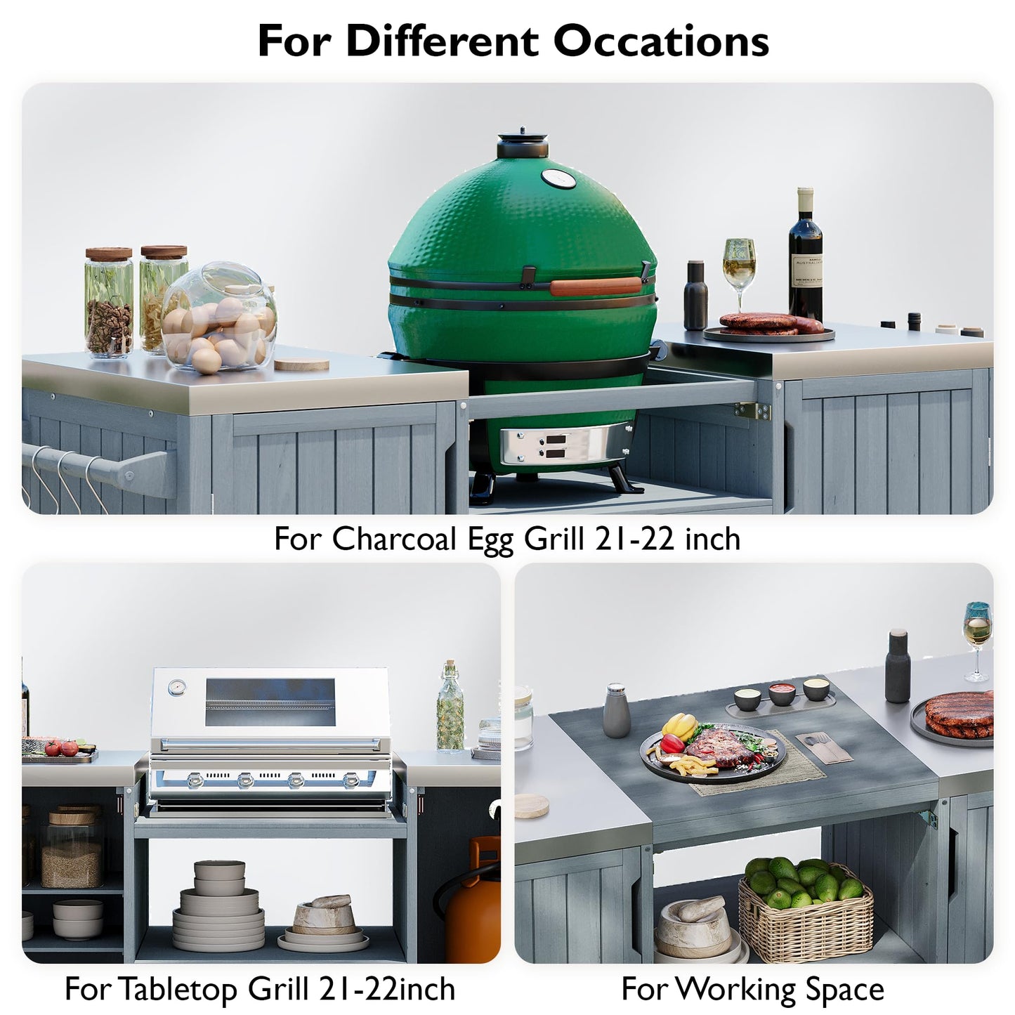 Merax Outdoor Kitchen Island for Big Green Egg, 66.5" Grill Cart with Stainless Steel Top, Storage Cabinet, Wheels, Solid Wood Grill Table, Kamado Joe Compatible