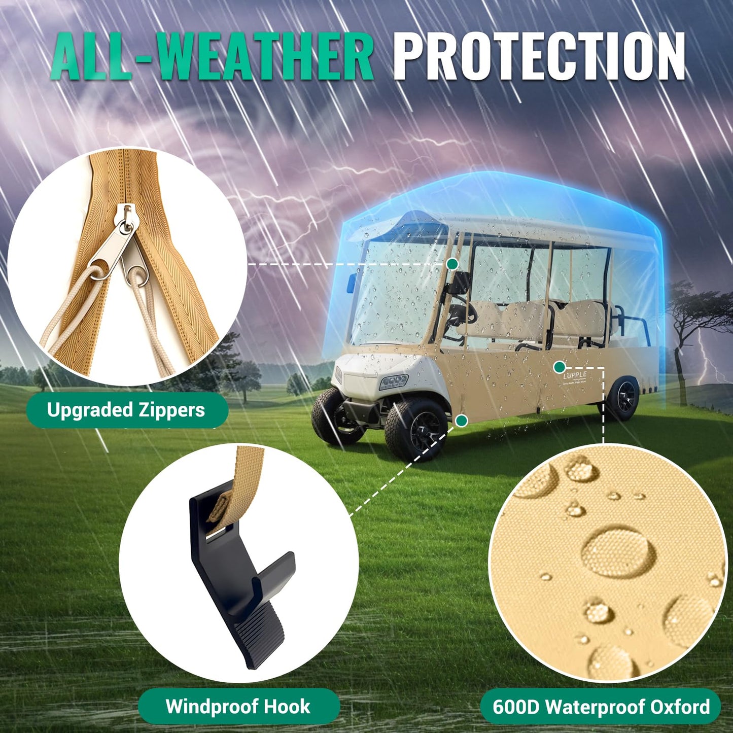 LUPPLE 6 Passenger Golf Cart Enclosure for EZGO Express S6 L6 Extended Roof 116in, 6 Seater Driving Rain Cover with 4-Sided Roll-up Zipper Door Waterproof Windproof (Khaki)