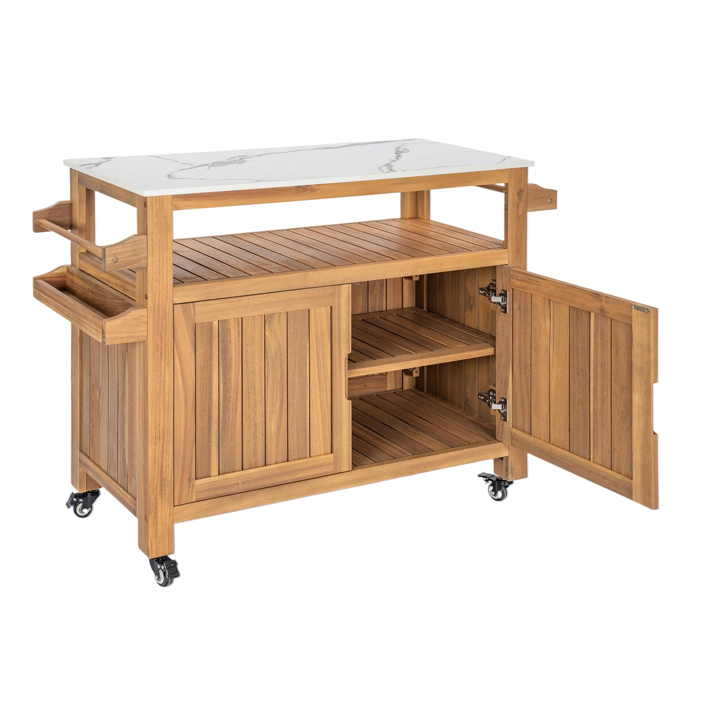 Christopher Knight Home Shina Outdoor Bar Cart with Marble-Effect Top and Lockable Wheels, Acacia Wood Outdoor Storage Cabinet with Three-Tier Slatted Shelves, Kitchen Island Serving Cart, Natural