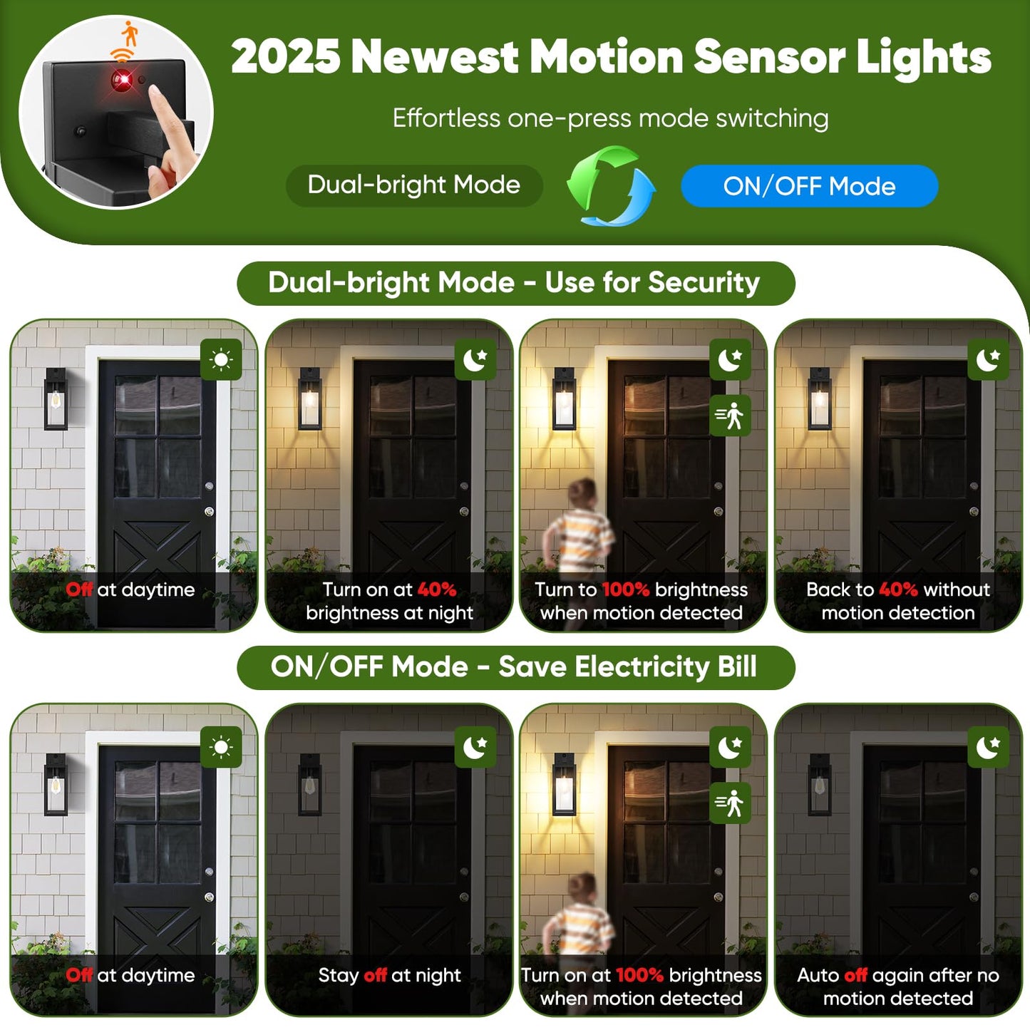 BesLowe Motion Sensor Outdoor Wall Lights, 15in Black Metal Sconce Lanterns, Dusk to Dawn, 3 Lighting Modes, 2-Pack