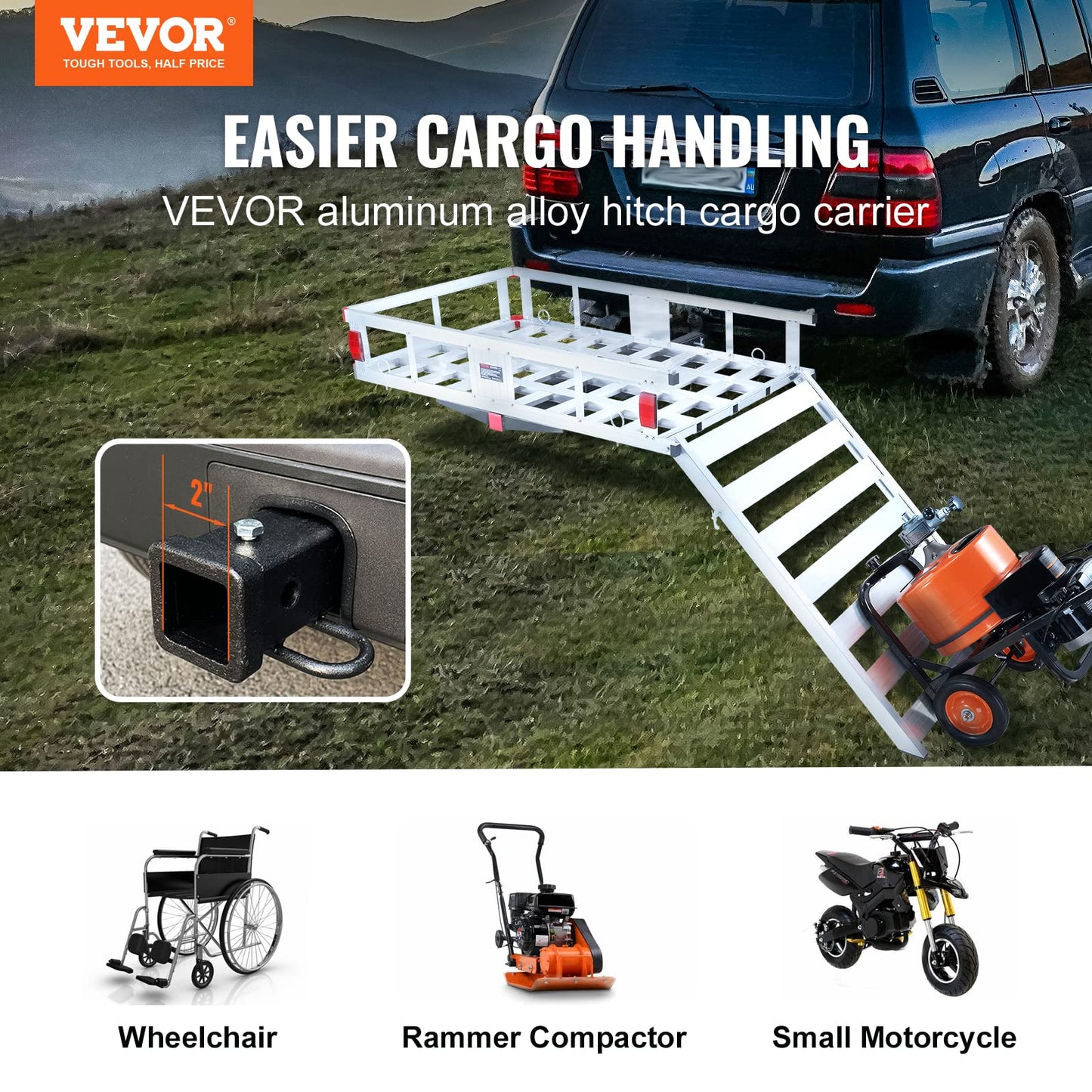 VEVOR 50 x 29.5 x 8.7 inch Hitch Cargo Carrier, 500lbs Capacity Trailer Hitch Mounted Cargo Basket, Aluminum Luggage Carrier Rack with Folding Ramp, Fits 2" Receiver for SUV Truck Pickup Camping