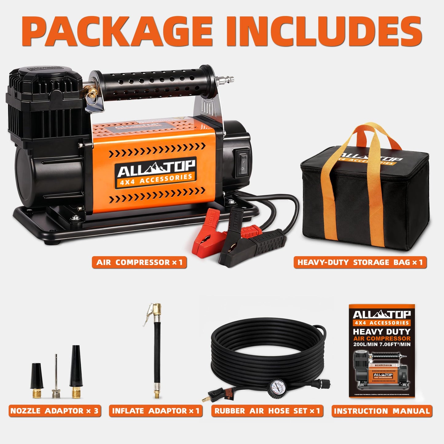 ALL-TOP Air Compressor Kit, 12V Portable Inflator 7.06CFM, Offroad Air Compressor for Truck ,Air Pump for Car Heavy Duty, Max 150PSI for SUV 4x4 Vehicle RV Tire