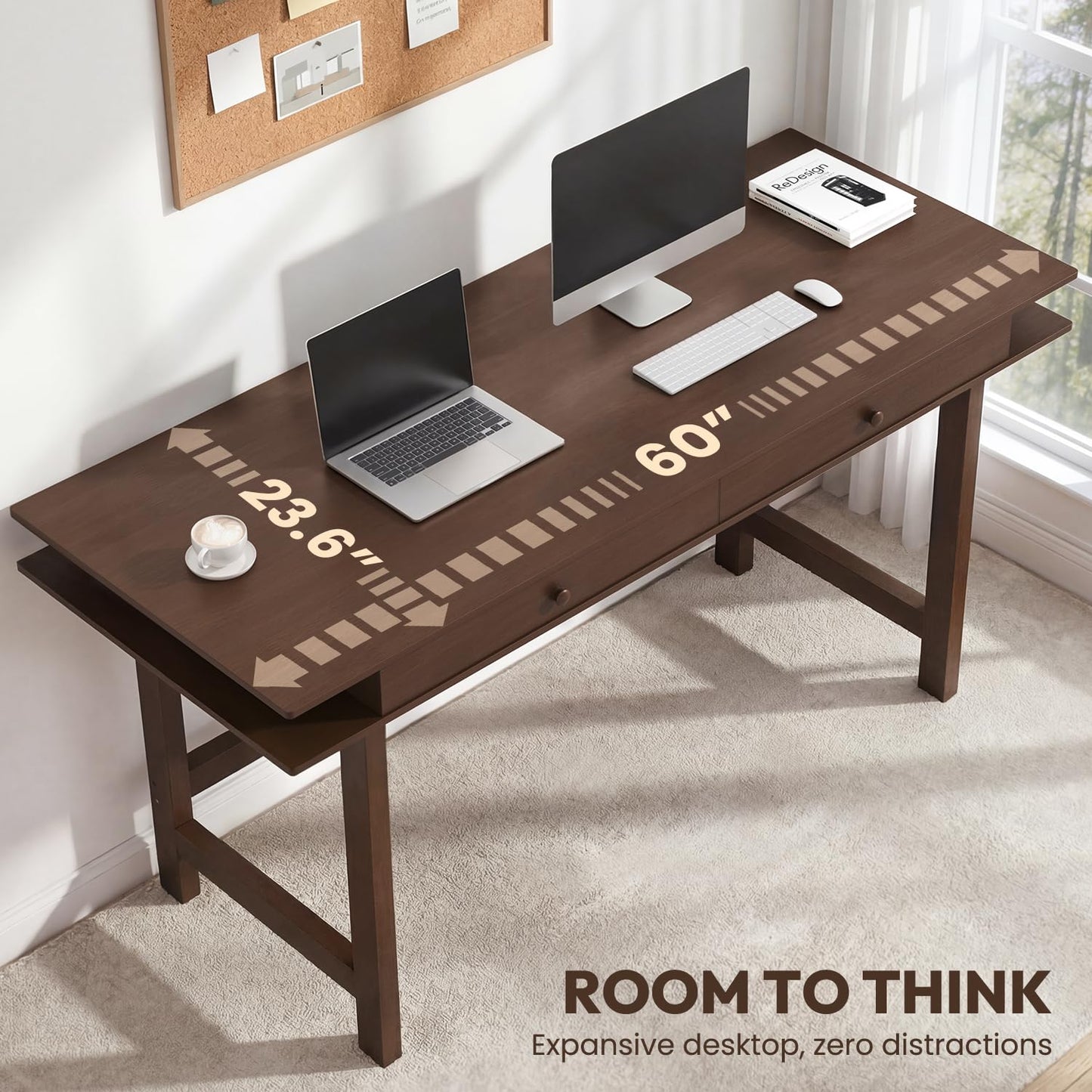 ELEVAQ Double-Top Solid Wood Desk - 60-Inch Mid-Century Modern Writing Table with Drawers for Home Office, Study, and Creation, Rubberwood Computer Desk in Black Walnut