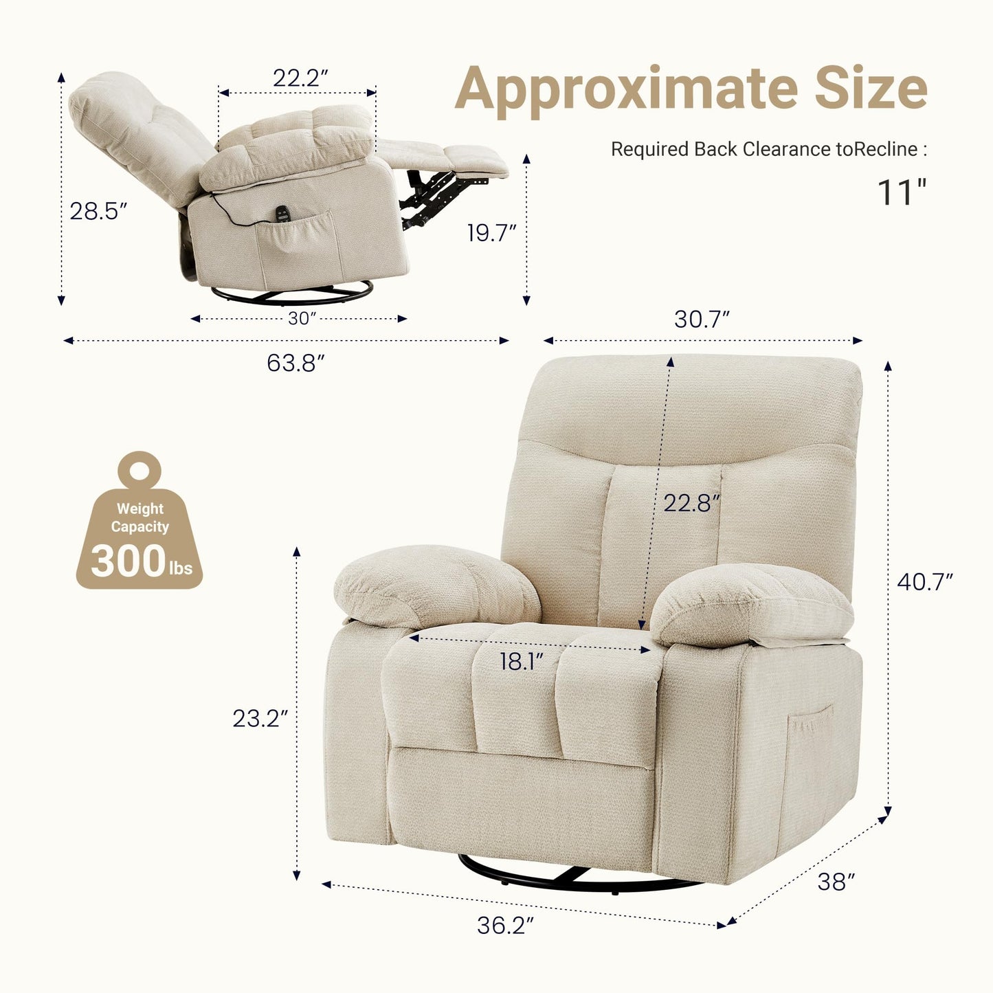Rocker Swivel Recliner Chair for Adults, Single Reclining Sofa Chair with Heated and Full Body Massage, Lounge Recliner Glider for Small Living Room, Bedroom, Beige