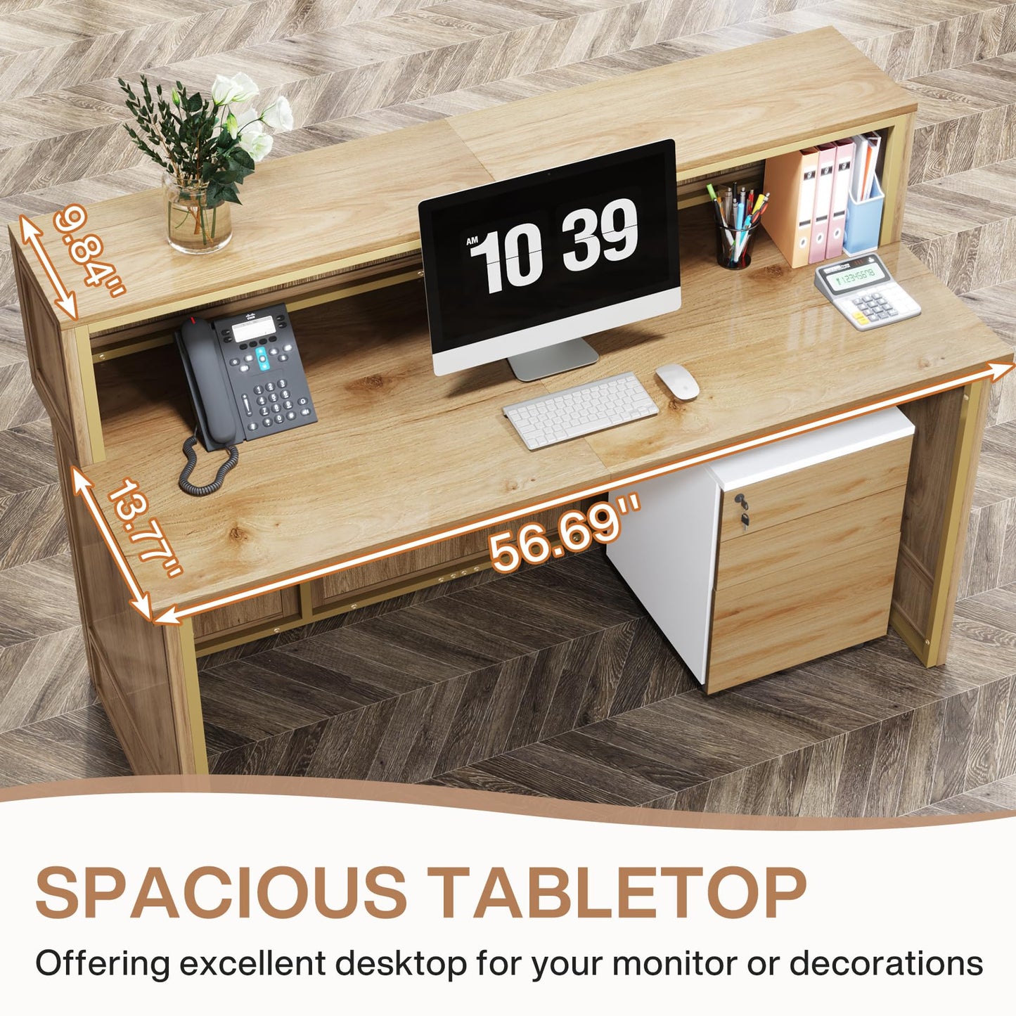 Tribesigns 57-inch Reception Desk with Counter, Front Receptionist Table, Boho Welcome Desk Checkout Counter for Office, Retail, Lobby, Beauty Salon (Oak)