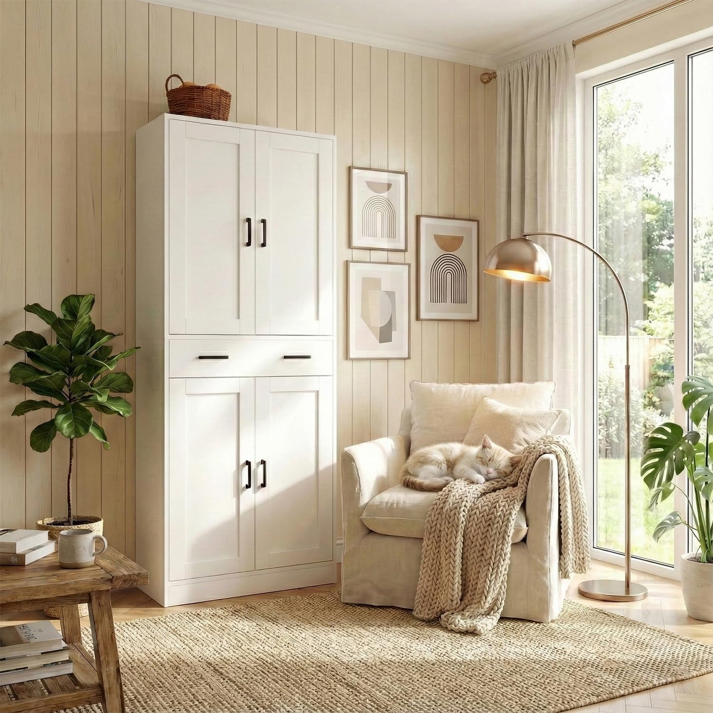 DIYART 71" Tall Kitchen Pantry Cabinet, Freestanding Food Storage Cupboard with Drawer and 4 Doors, Large White Utility Floor Cabinet with Adjustable Shelves for Dining Room, Home Office