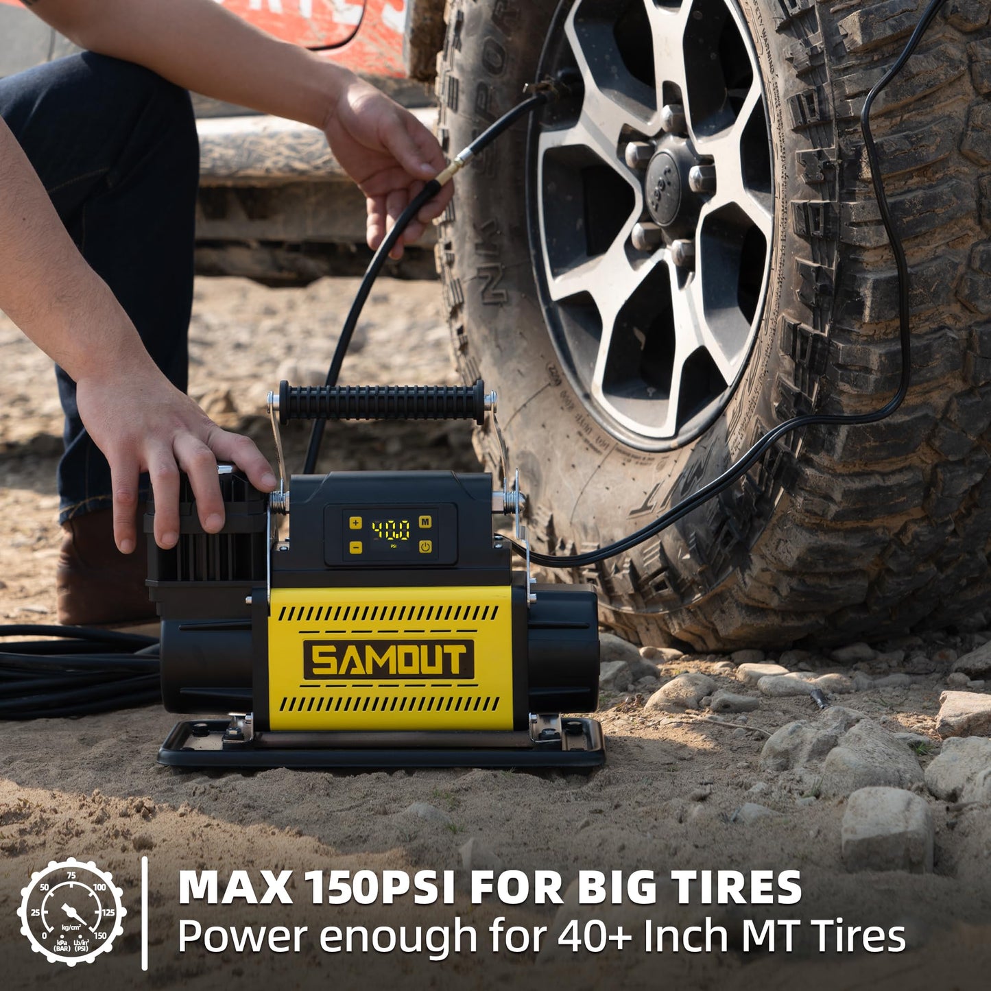 SAMOUT 12V Digital Air Compressor, Offroad Portable Inflator 7.06 CFM, Air Pump Max 150PSI for Heavy-Duty Tires, with LCD Control Panel to Preset Target Pressure, 4x4 Vehicle, SUV, RV