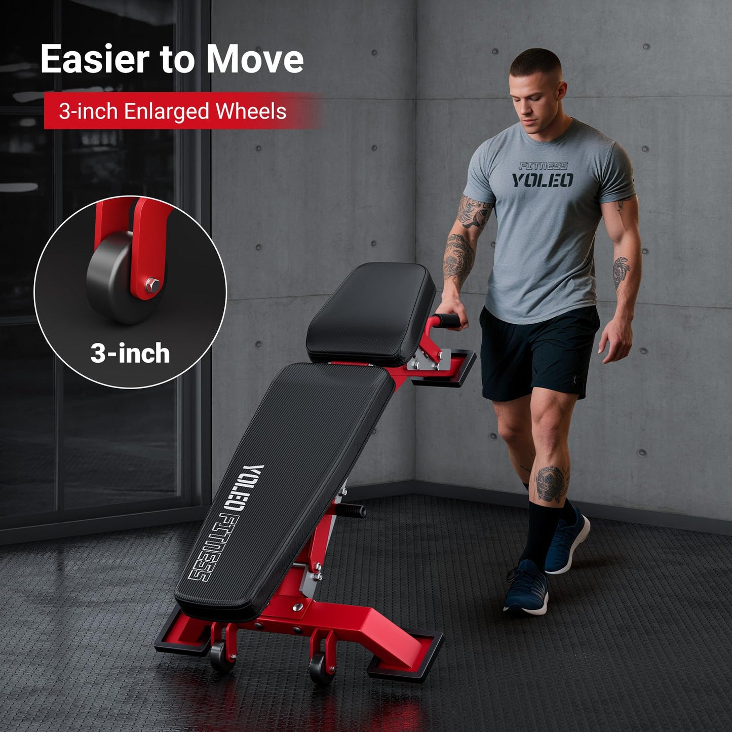 YOLEO Commercial Adjustable Weight Bench 2315LB ASTM Certified – 80% Pre-Assembled Heavy Duty Workout Bench for Home Gym, Decline/Flat/Incline Bench Press, 2.4" Thick Pad & 2 Wheels