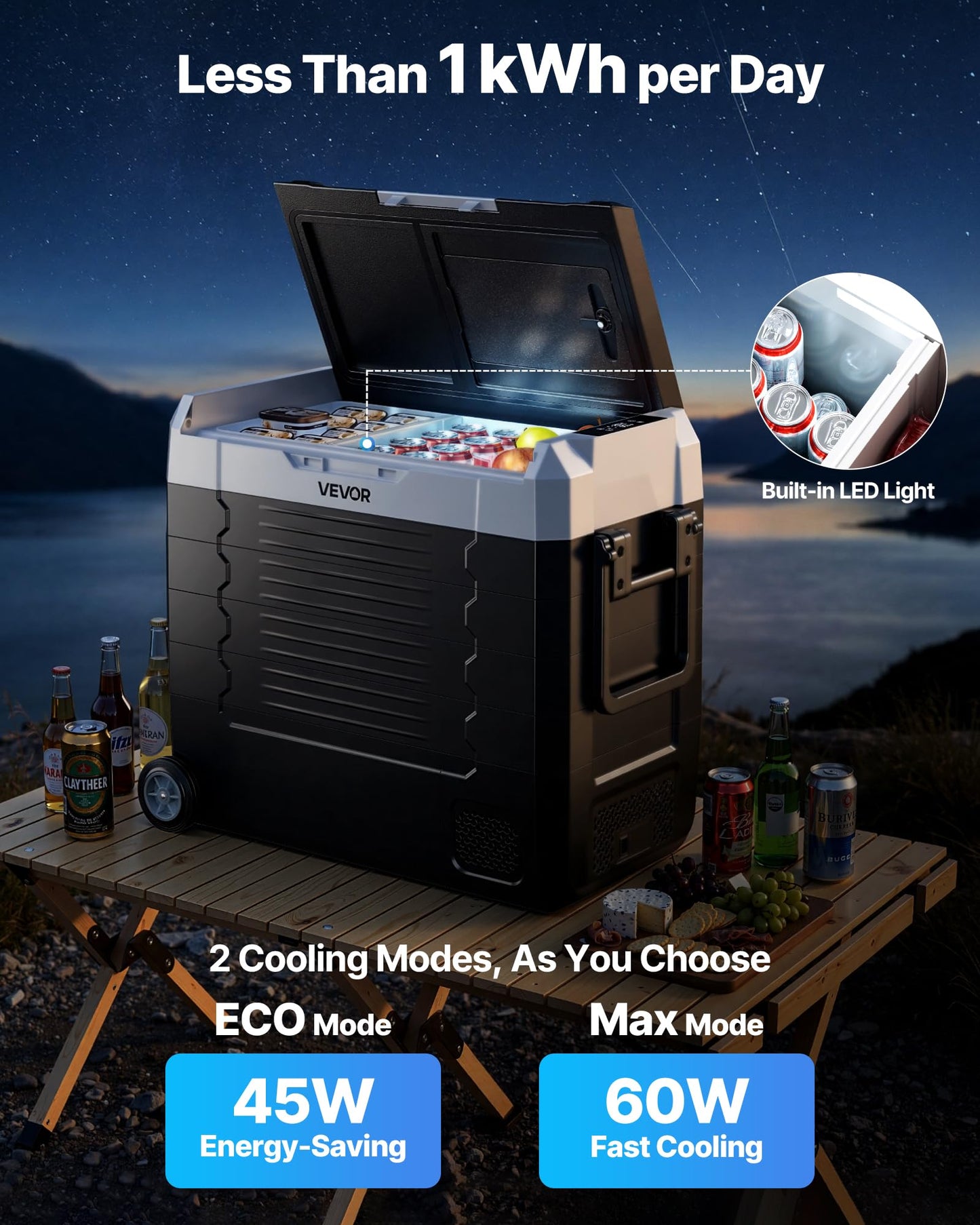 VEVOR Car Refrigerator, DC 12/24V AC100-240V Compressor Electric Cooler, -4°F to 68°F Truck Refrigerator with APP Control, Wheels & Dual Zone, 58 QT Cars Cooler for RVs, Boats, Camping, Fishing