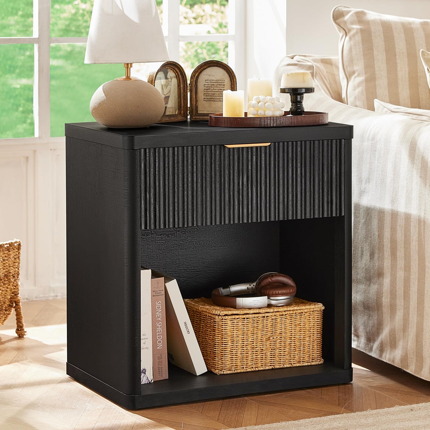 LEYAOYAO Fluted Farmhouse Nightstand Set of 2 with Charging Station, 23" Wide 1 Drawers End Table,Black Dresser for Bedroom,Bed Side Table Chest of Drawers Cabinet,Wood Night Stand for Living Room