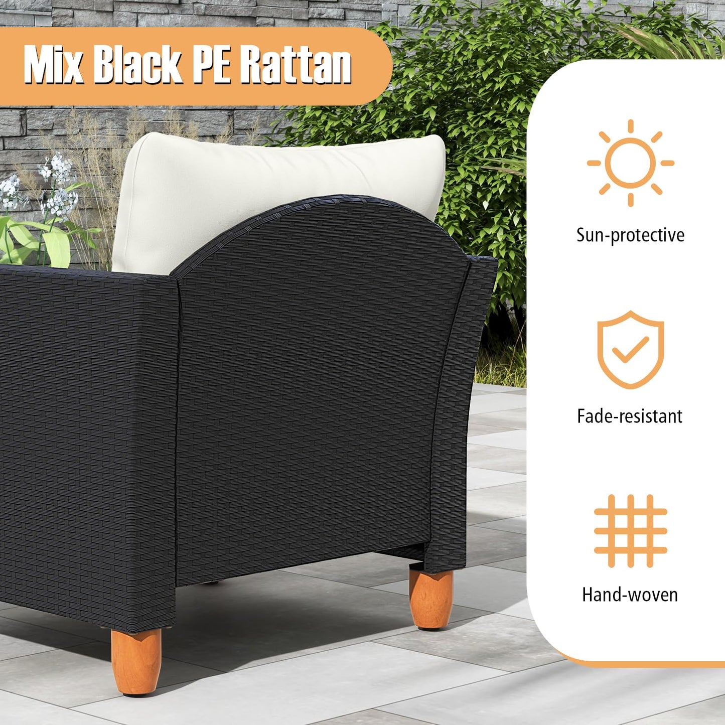 Tangkula 3 Pieces Patio Porch Furniture Set, PE Rattan Wicker Chair Conversation Set with Cushions and Storage Table, Outdoor Acacia Wood Bistro Set for Garden, Poolside (White)