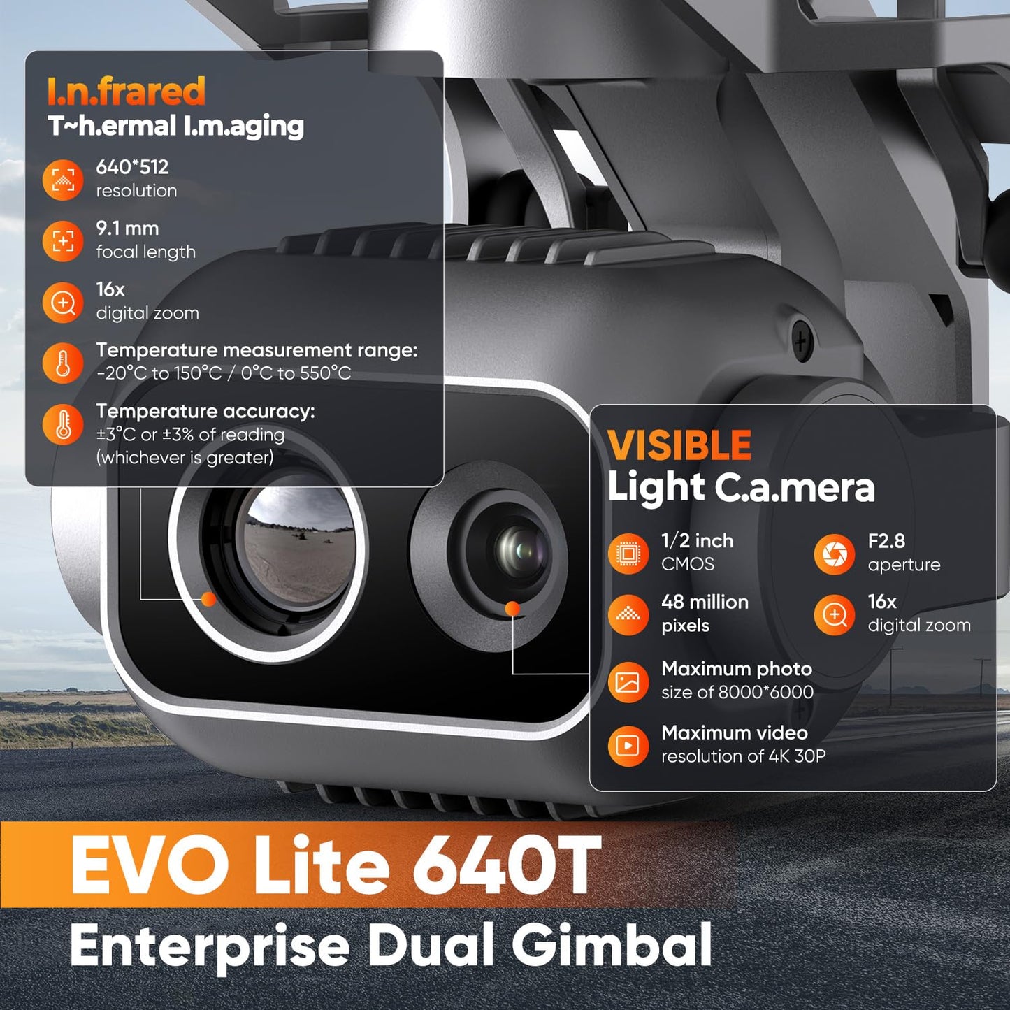 Autel Robotics EVO Lite 640T Enterprise Bundle, 640x512 T~hermal&1/2'' CMOS 48MP V~isible C-a-mera, 1-16x Digital Zoom, AI Target Recognition, 12KM Transmission, 866g Lightweight, 40Min Max Time
