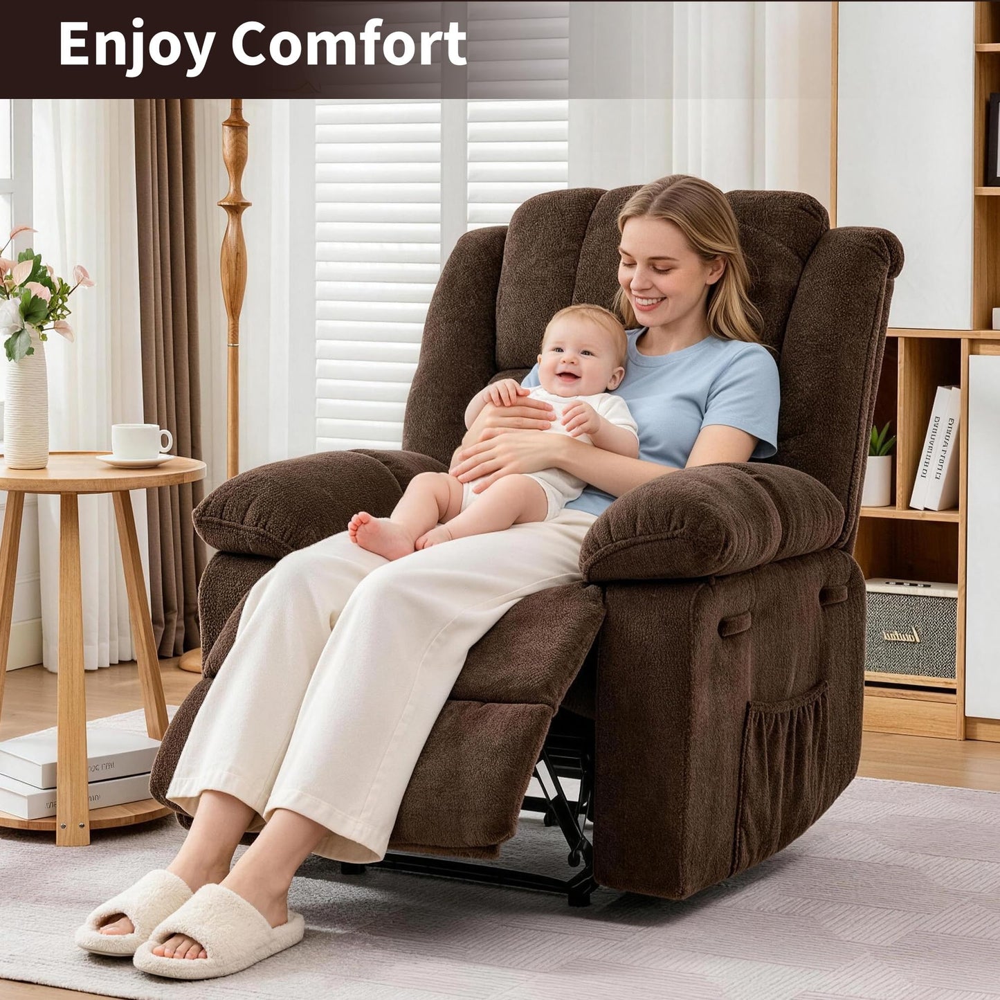 Oversized Recliner Chair for Adult,150°Recliner Chairs Ergonomic Nursery Chairs, Extra Wide Manual Recliners,Fabric Upholstery Soft Sofa Chair for Livingroom,Bedroom,Brown