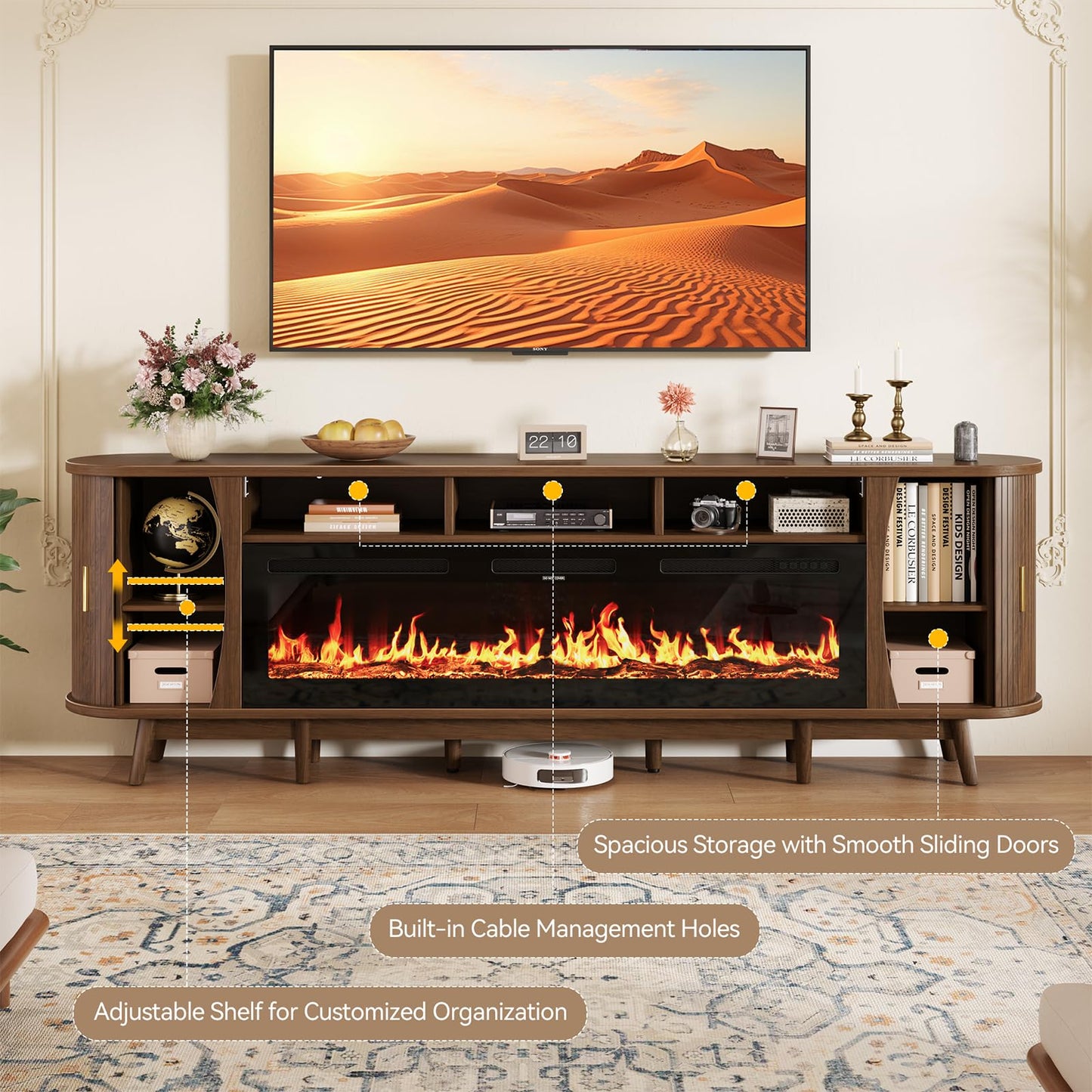 OneBlis 97" Fireplace TV Stand for 100" TV, Mid Century Modern Entertainment Center with 60" Electric Fireplace, Media Console with Sliding Doors & Adjustable Shelves for Living Room, Walnut