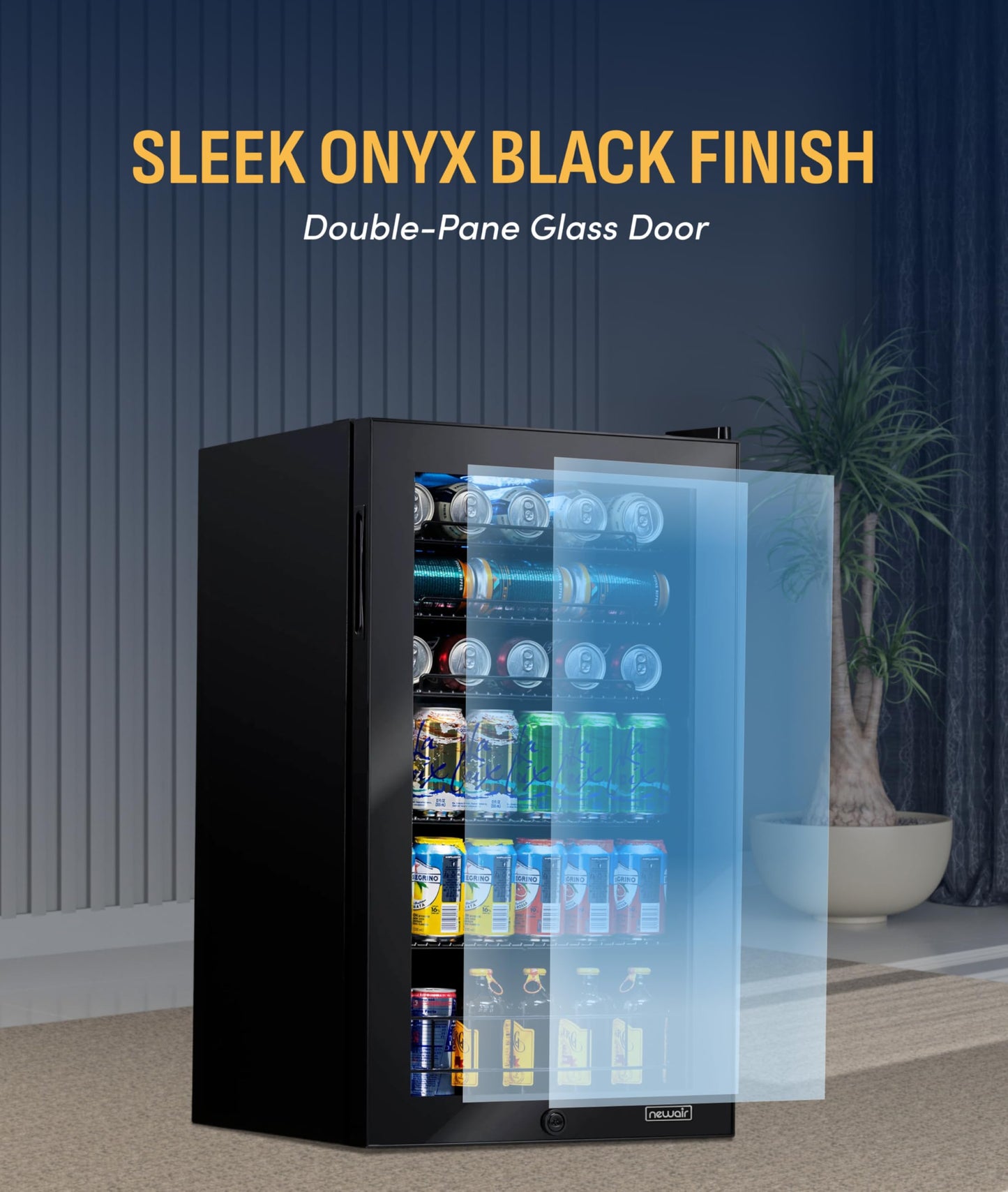 NewAir 126 Can Beverage Refrigerator | Freestanding Small Mini Fridge for Bedroom with Glass Door | Drink Cooler with Adjustable Shelves, Quiet Cooling & Locking Door | Black
