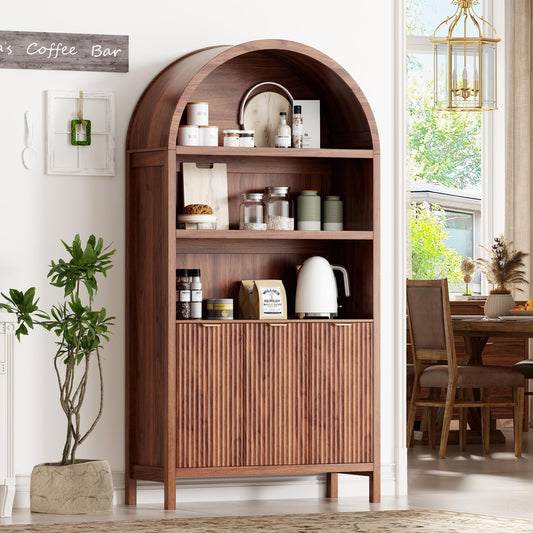Ieejdn 71" Tall Arched Kitchen Pantry,Modern Fluted Wood Storage Cabinet with Doors,Adjustable Shelves,Organizer, Versatile Cupboard for Kitchen,Living Room,Dining Room,Bathroom,Walnut