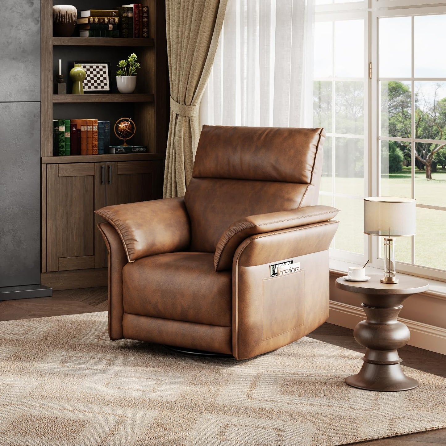 GarveeHome Power Recliner Chair, 270 °Swivel Rocking Glider with USB Charging Port, PU Leather Upholstered Fabric and Double-Layer Armrests, Nursery Chair for Living Room, Nursery (Wanult)