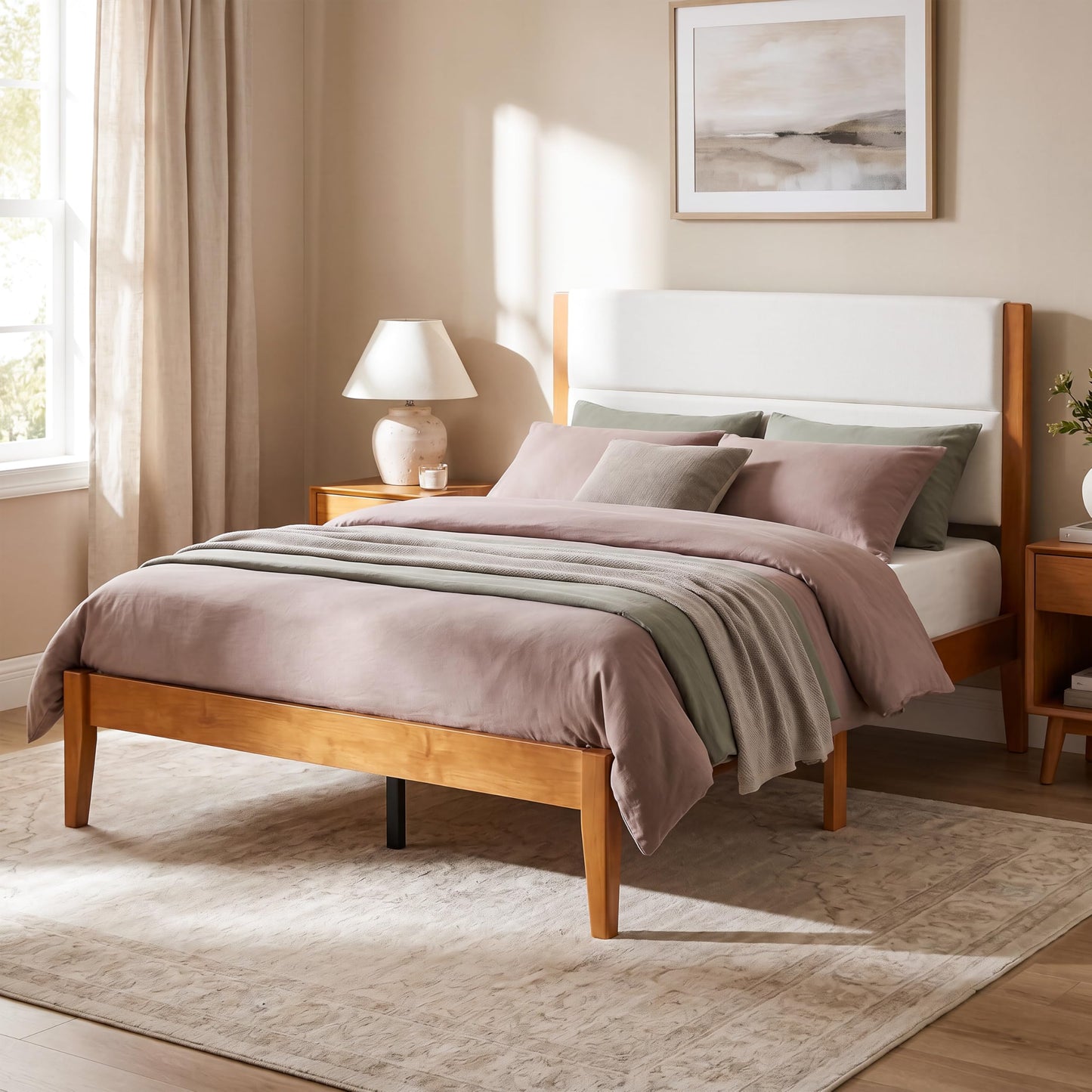 Merax Full Size Mid-Century Modern Platform Bed Frame with Fabric Upholstered Headboard, Solid Wood Slat Support, No Box Spring Needed, Noise-Free, Underbed Storage Space, Easy Assembly, Brown