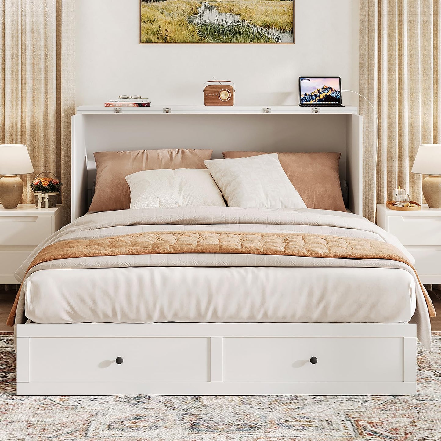 LIVAUVEAD Queen Murphy Bed with Storage & Charging Station, Murphy Cabinet with Foldable Panel, Noisy Free, for Guest Bedroom, Living Room, Office, Distressed White
