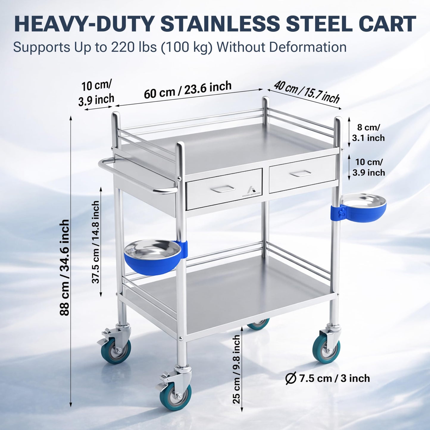 Avicenna Innovations *Improved & Upgraded* Medical Stainless Steel 2 Tier Rolling Cart with Wheels and Drawers | Dental Hospital Nursing Trolley | Easy-to-Disinfect Phlebotomy Mobile Workstation