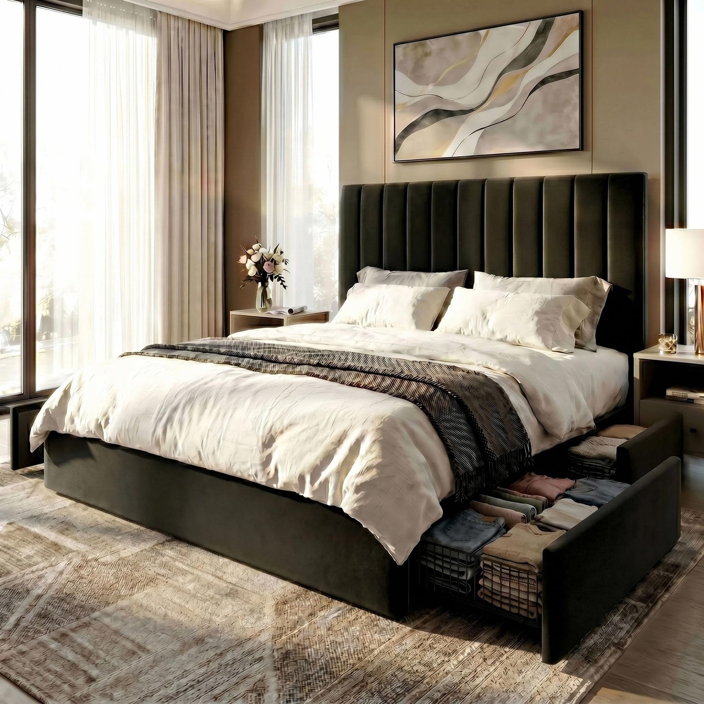 SHA CERLIN Queen Size Platform Bed Frame with 4 Storage Drawers, Vertical Channel Tufted Adjustable Headboard, Velvet Upholstered, Wooden Slats Support, No Box Spring Needed, Easy Assembly, Black