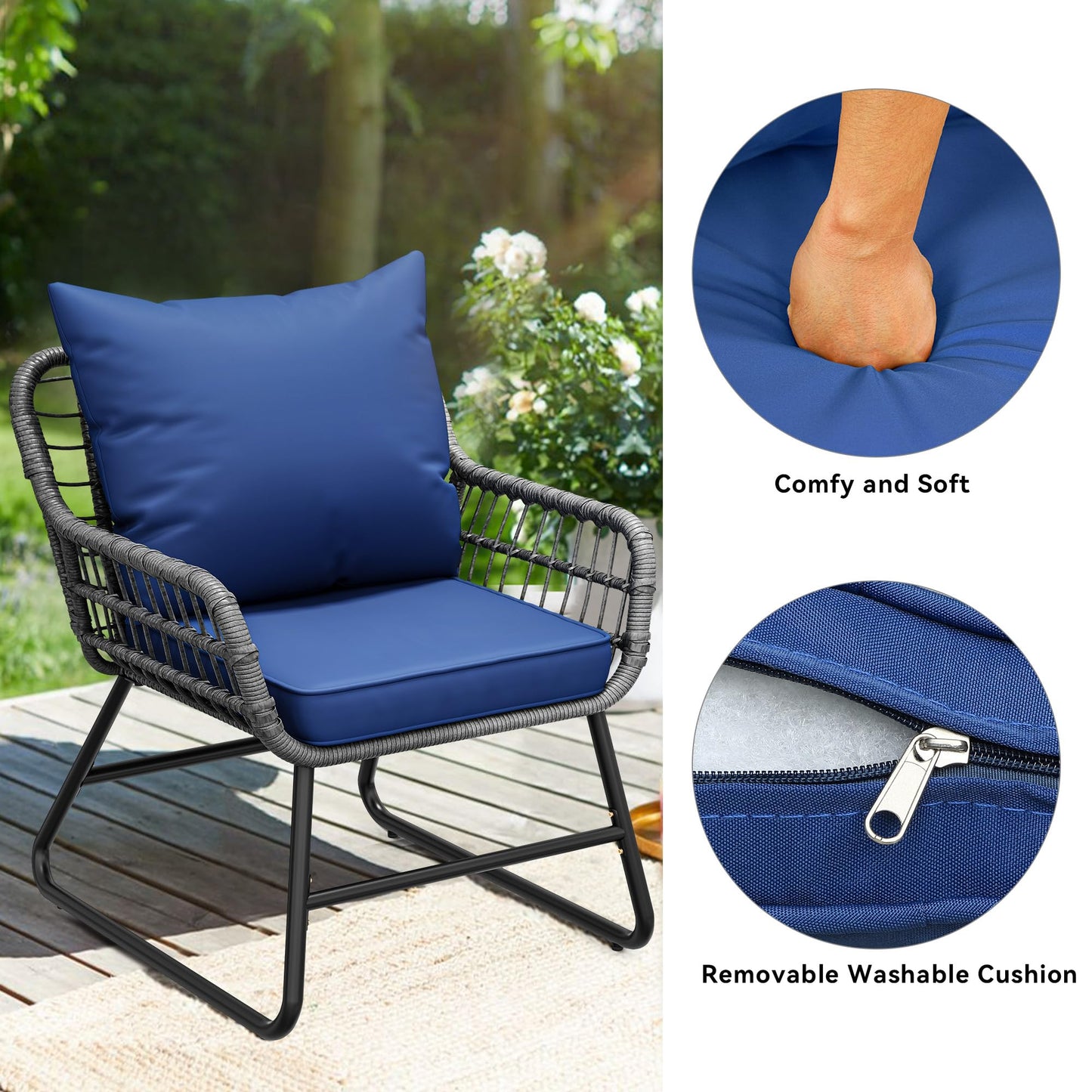 YITAHOME 4 Piece Patio Furniture Set, Wicker Outdoor Bistro Set, All Weather Rattan Patio Conversation Set with Soft Cushions and Glass Side Table for Backyard, Balcony, Deck - Navy Blue
