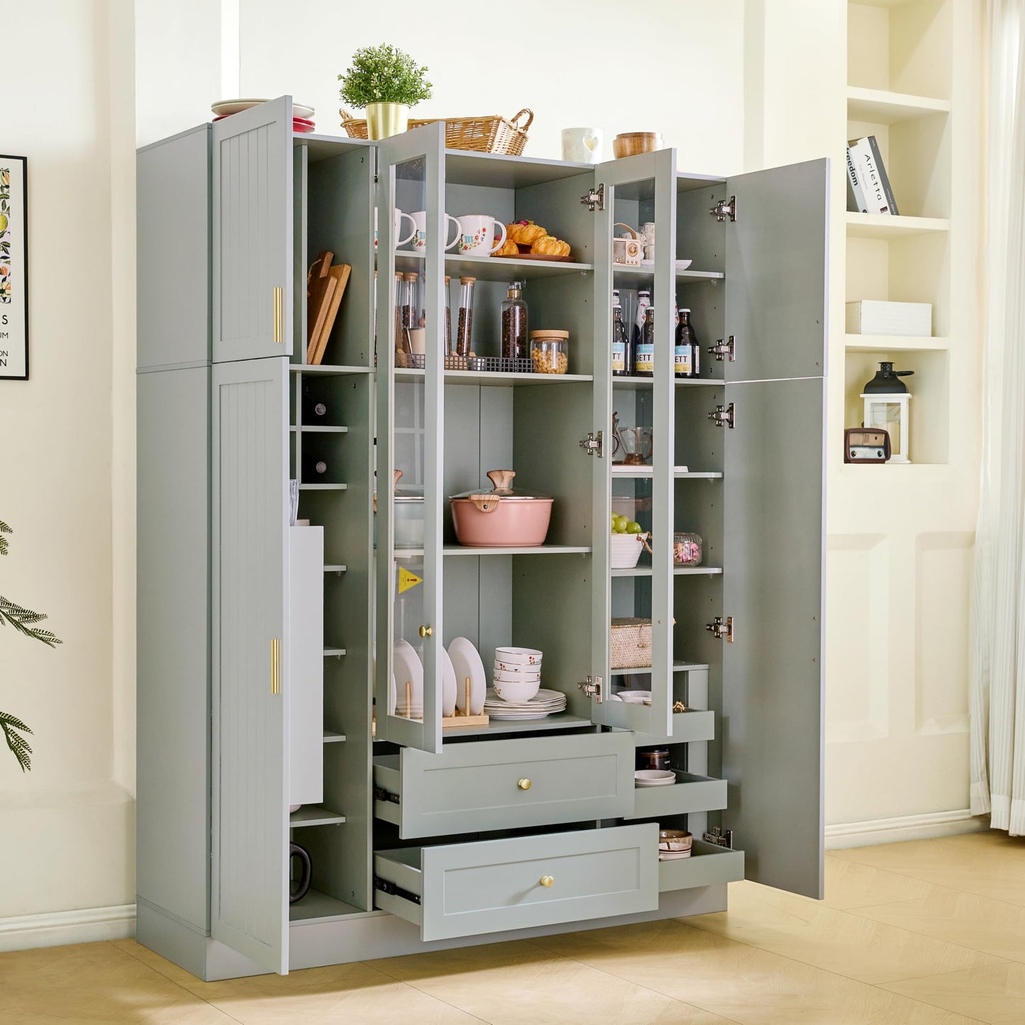 Merax Modern Large Kitchen Pantry with 6 Doors, 53.2''Lx17.7''W Storage Cabinet Cupboard with Drawers, Adjustable Shelves, Pull-Out Trays and Wine Rack for Dining Room, Green