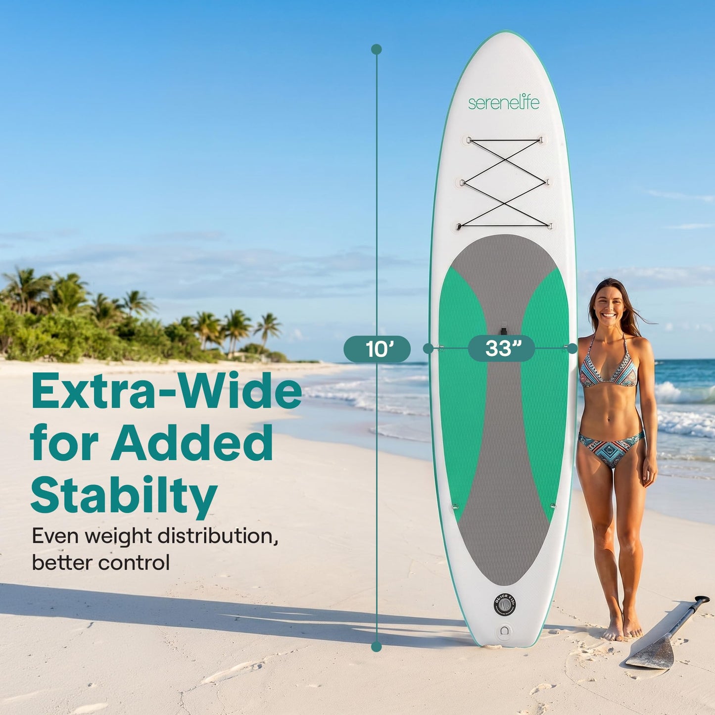 SereneLife 10’ Inflatable Stand Up Paddle Board with Premium SUP Accessories - 32” Wide Stable Design with Non-Slip EVA Deck Pad, for Youth and Adults, 275 lbs. Capacity