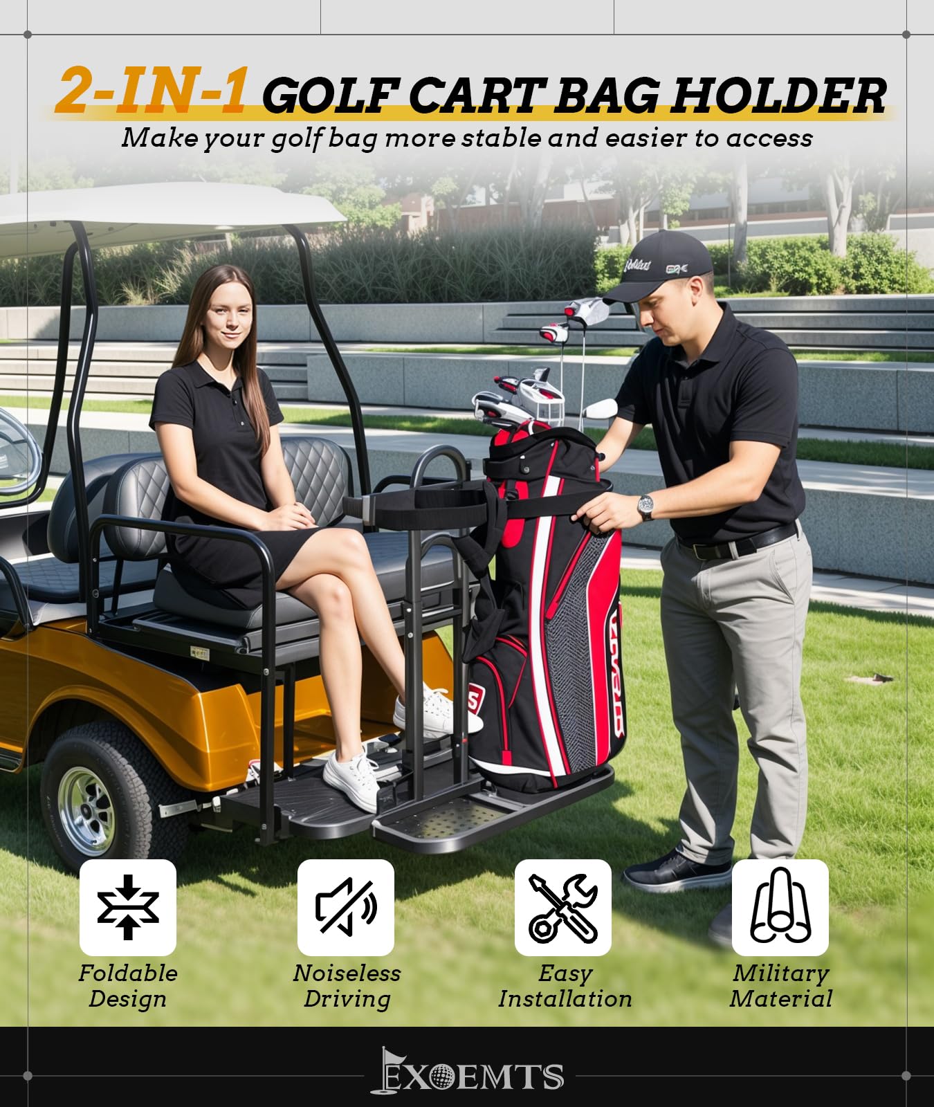 EXOEMTS Foldable Golf Cart Rear Seat Bag Holder, Upgraded Golf Cart Rear Seat Bag Rack ONLY FITS 8-Inch Max Width Grab Bar, for 4-Seater EZGO Club Car Yamaha, Preinstalled, Space-Saving, No-Drill