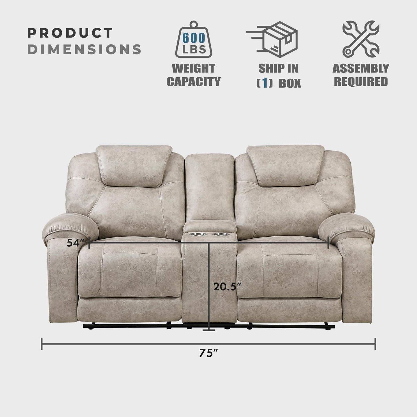 Lexicon Manual Double Reclining Loveseat, Polished Microfiber Manual Wall Hugger Loveseat Recliner for Living Room, Center Storage Console/Cup Holders/Pillow Top Arm, Easy Assembly, Pewter