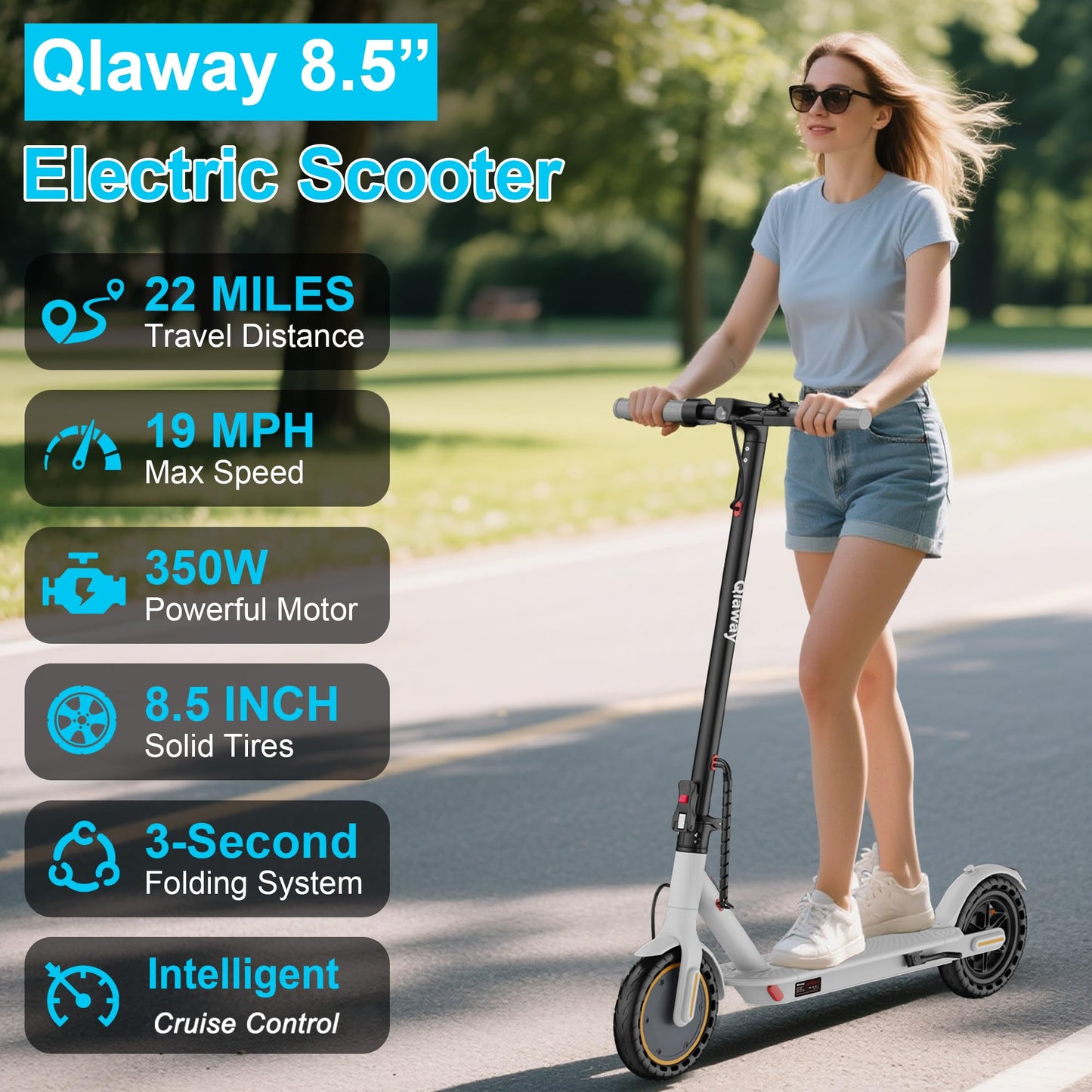 Qlaway 8.5" Aluminum Alloy Frame E Scooter for Adults 19 MPH Sport Escooter 350W Motor, Electric Scooter Up to 22 Miles Range, Bearing 265 LBS/APP Control-White