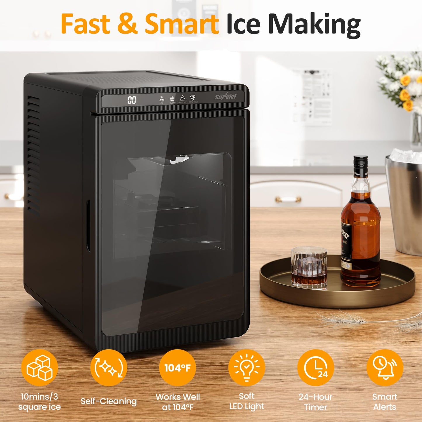 Sunvivipro Crystal Clear Ice Maker, Compact Countertop Ice Machine, 3 x 1.6 Ice Cubes in10-Mins, Self-Cleaning, LED Light & Timer, Portable Electric Ice Maker for Kitchen, Bar, RV, Black