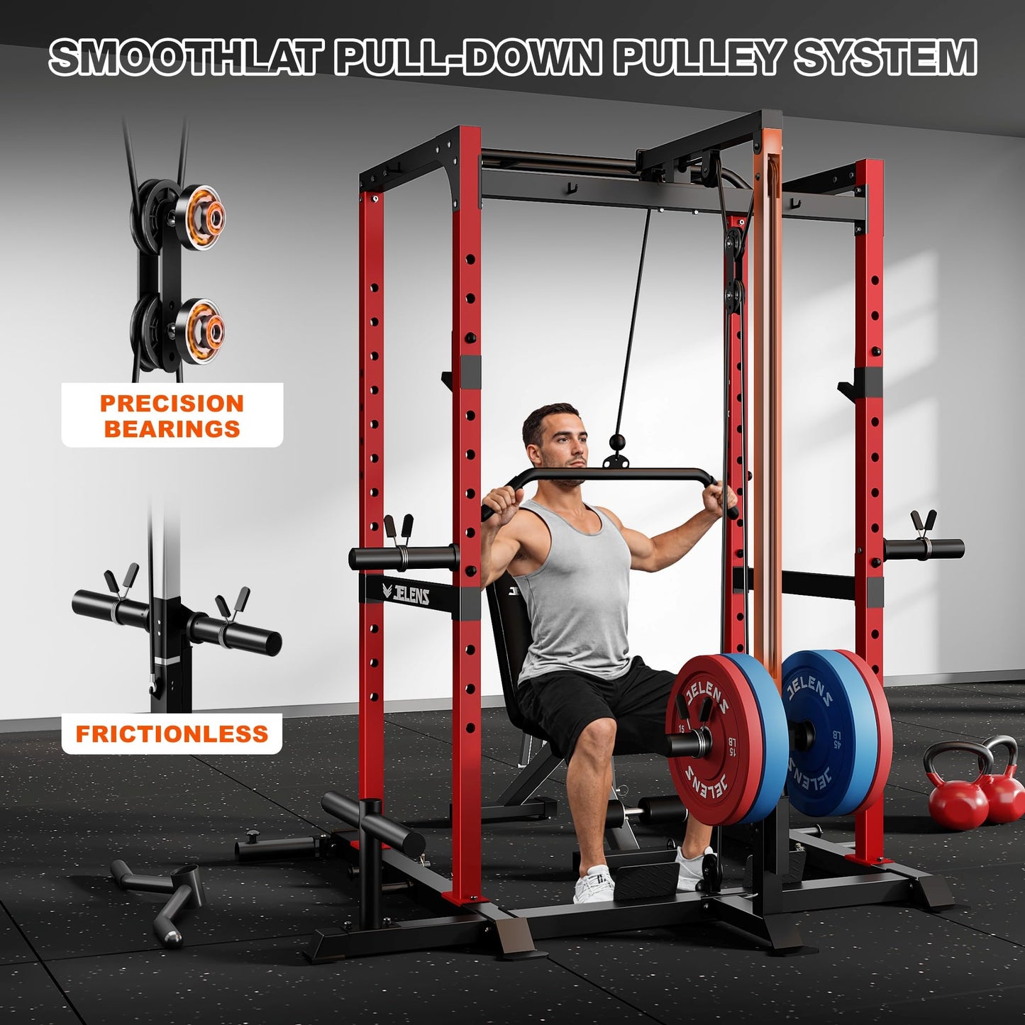 JELENS S21 Power Cage, Multi-Function Power Rack with Adjustable Cable Crossover System, 2000LBS Squat Rack for Home Gym with More Training Attachments (Red, 0823BK-05)