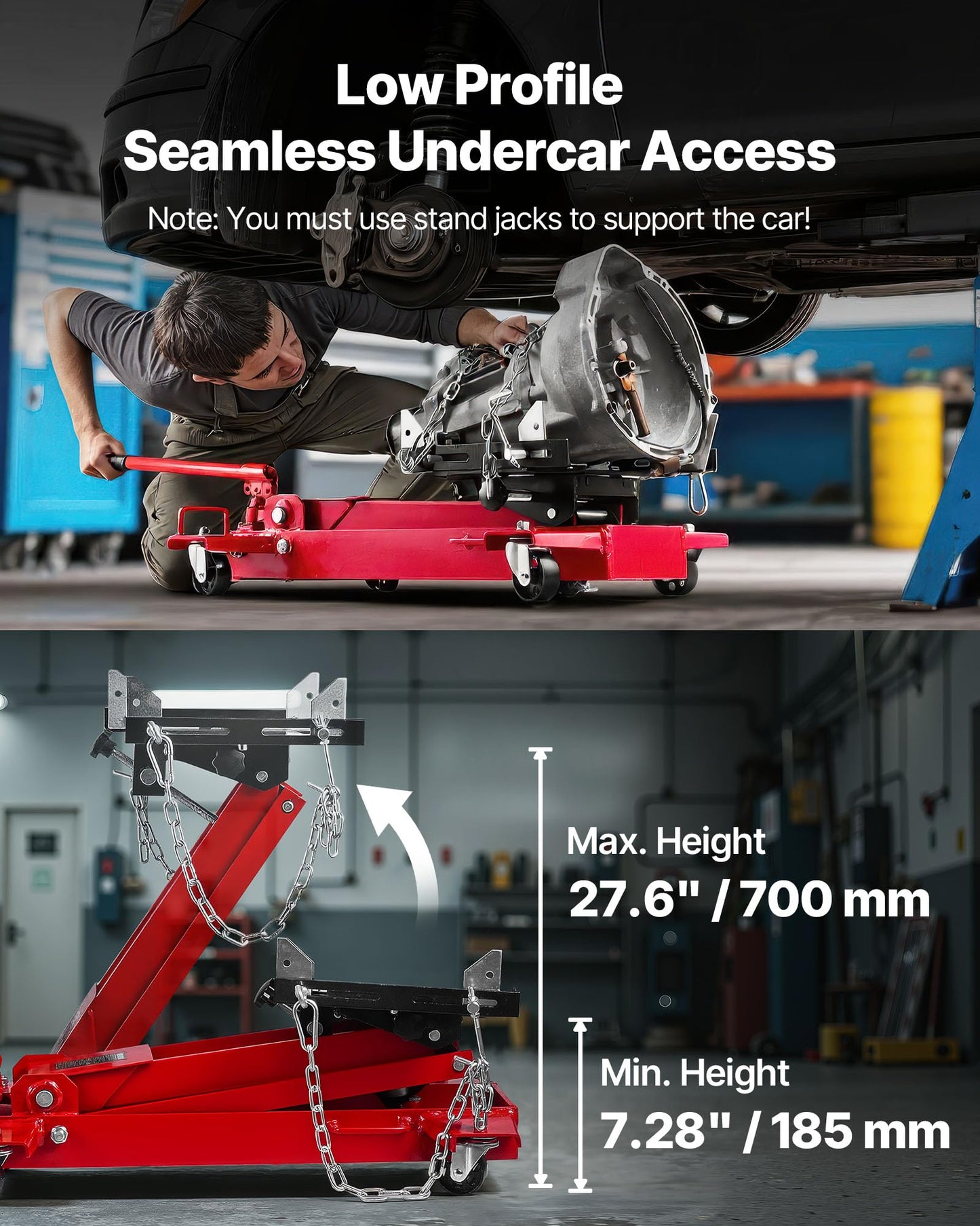 VEVOR Adjustable Floor Transmission Jack 2200 lbs/1T Low Profile Hydraulic Transmission Telescoping Heavy-Duty Lift Jack 7.28-27.6 in Lifting Height, 360° Swivel Front Wheels