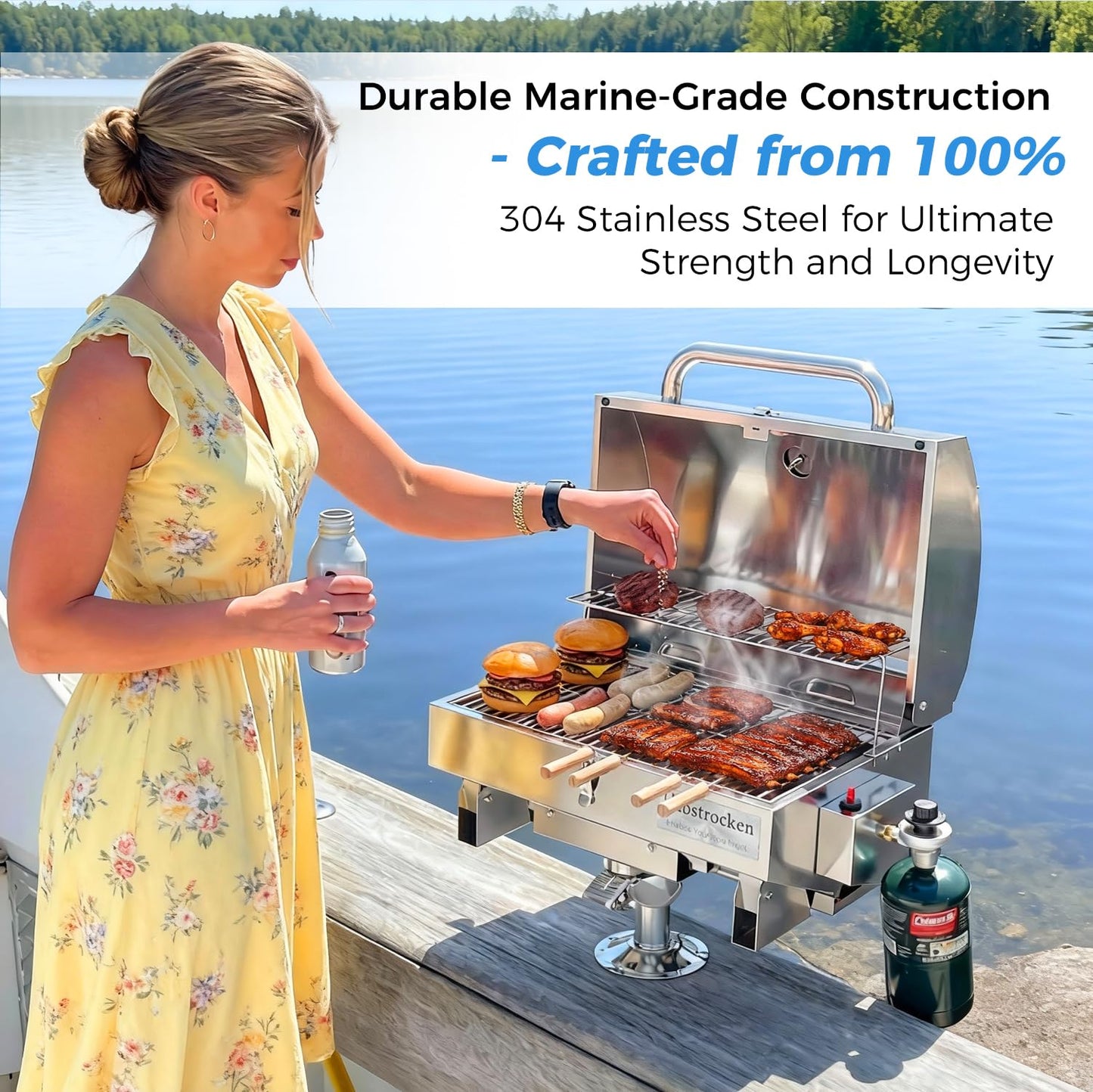 Halbtrocken 304 Stainless Steel Marine Gas Grill with Rod Holder Mount & Cover - 200 sq. in. Cooking Area, 12,000 BTU Propane Boat Grill - Perfect Compact Grill for Boating, Tailgating and Camping