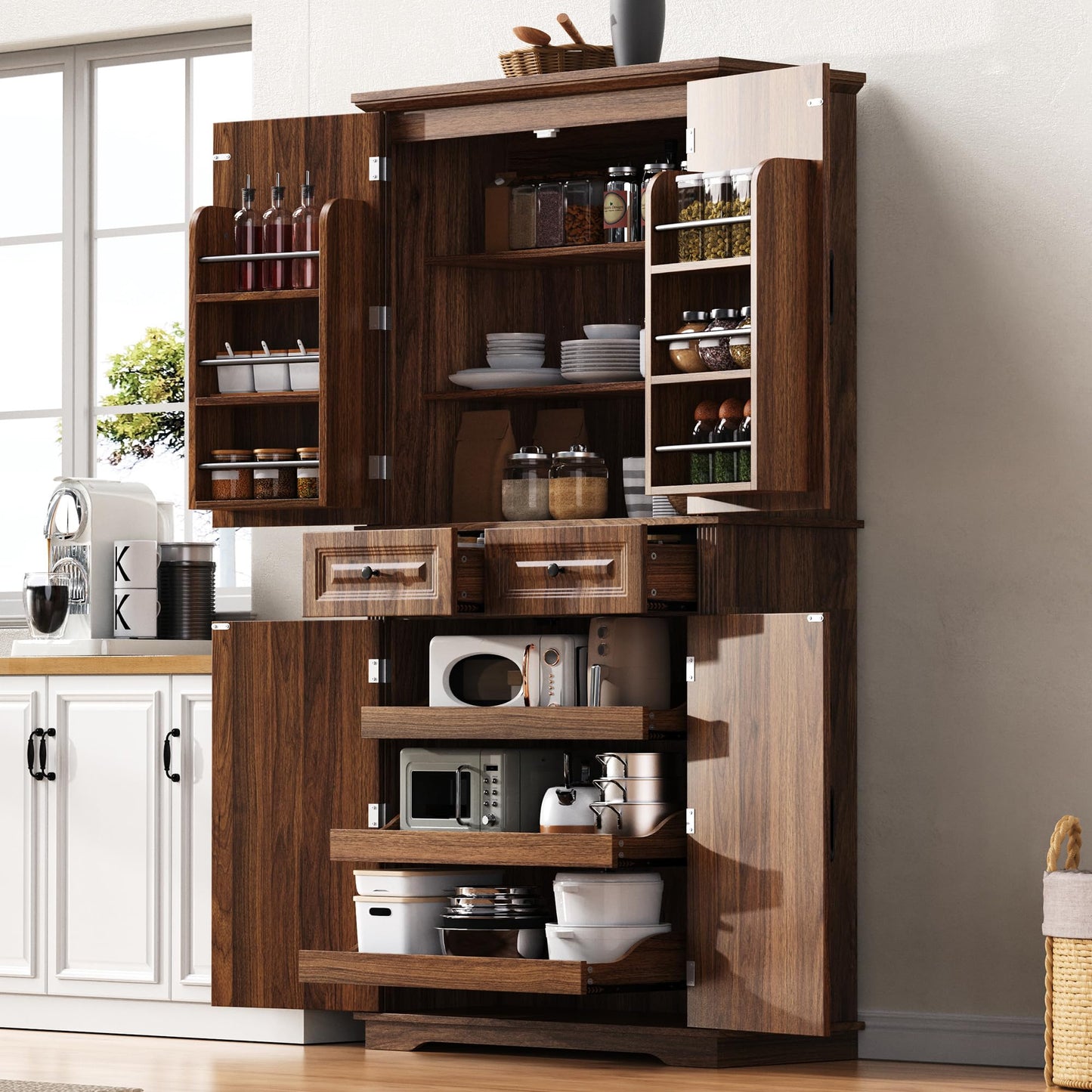 GDFStudio Hakf 71" Tall Kitchen Pantry Cabinet, 3 Pull Out Pantry Cabinet Organizers, Spacious Storage Organizer with 6 Door Shelves, 2 Drawers, Freestanding Cupboard for Kitchen Dining Room, Brown