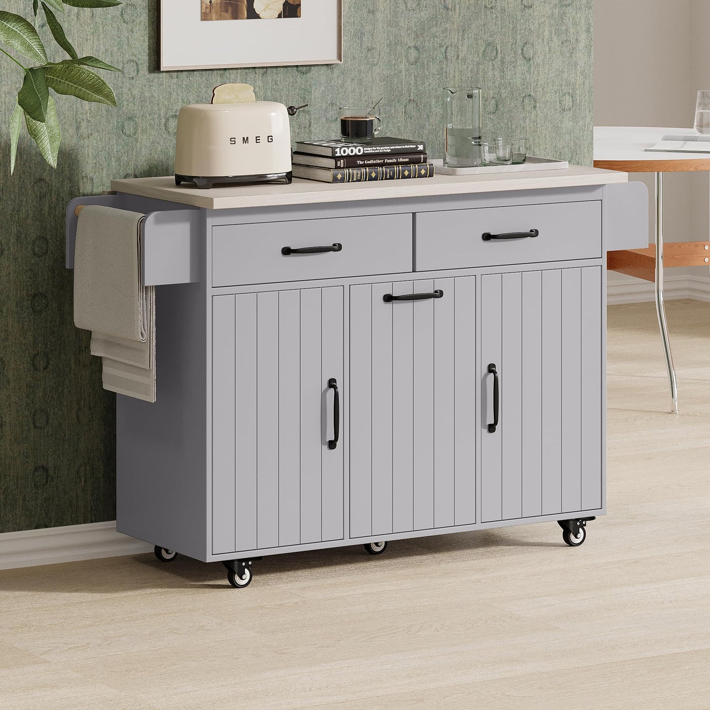 Ball & Cast Kitchen Island with Trash Can Storage Cabinet,Kitchen Cart W/Drop Leaf,Spice Rack,Towel Rack and Drawers,Rolling Kitchen Islands on Wheels W/Adjustable Shelf for Dining Room,Grey
